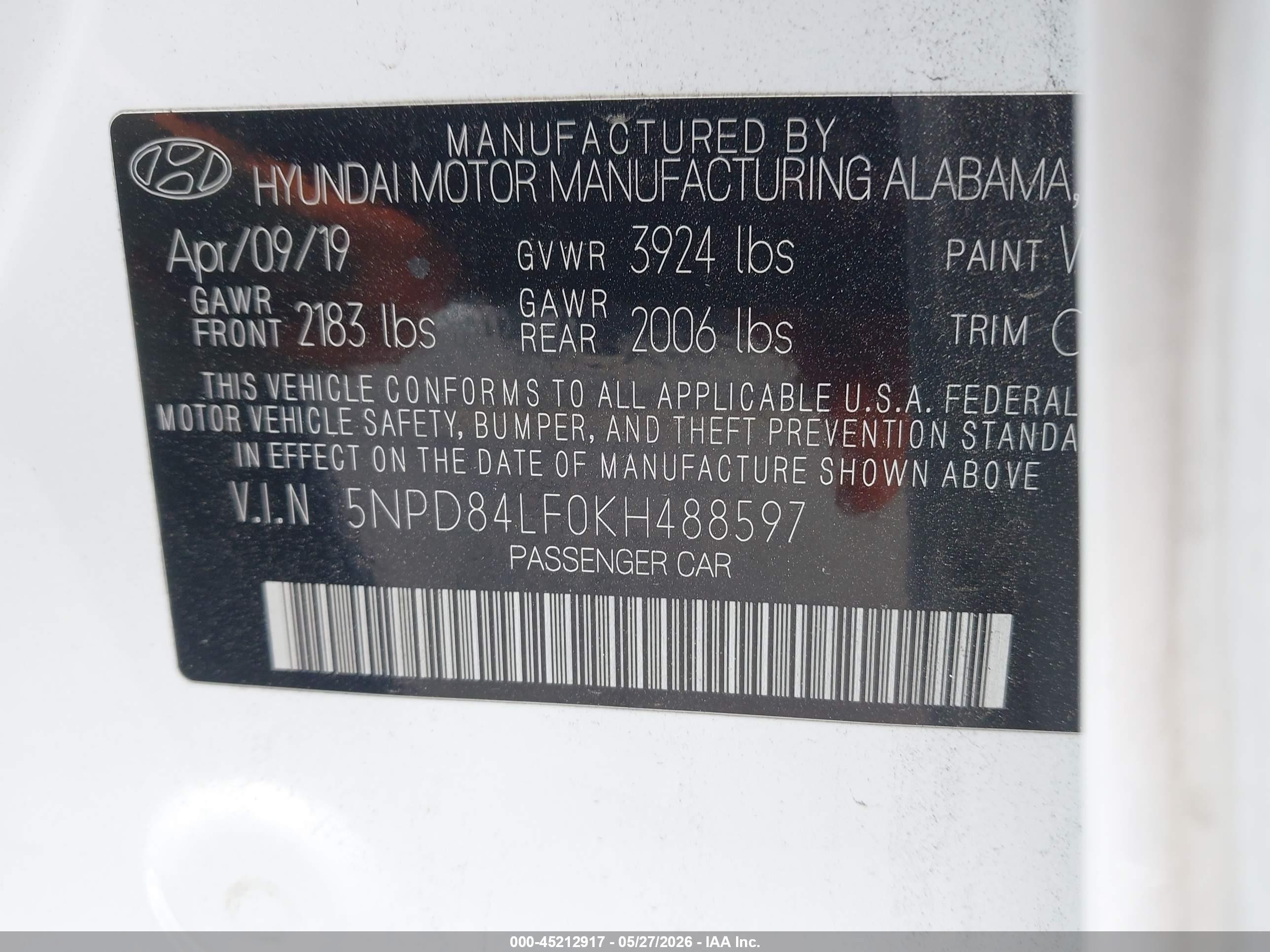 2019 Hyundai Elantra VIN 5NPD84LF0KH488597 IAAI salvage auction — Front End, Salvage (California), sold $2,000 on 2026-09-11 (photo 9)