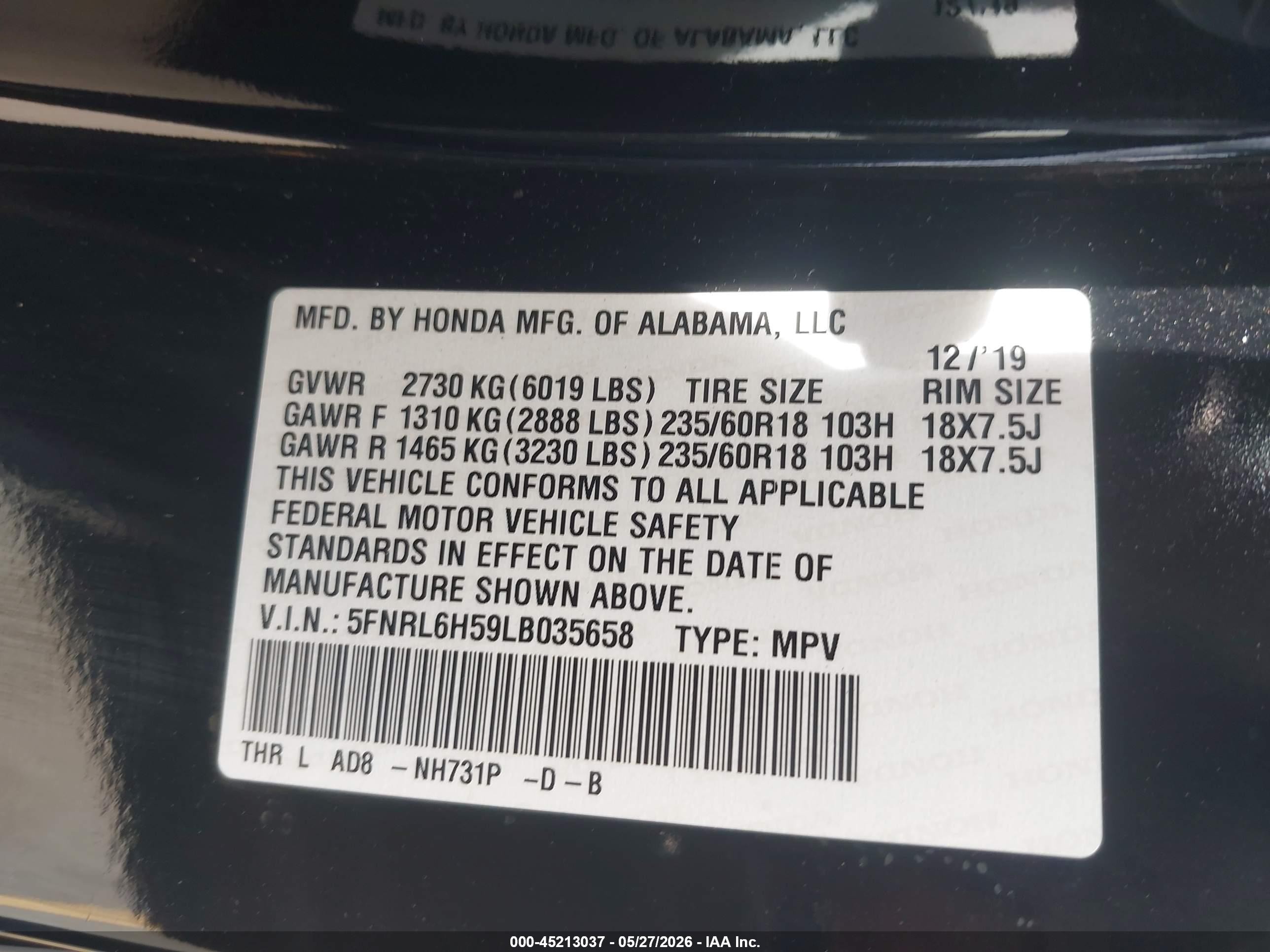 2020 Honda Odyssey VIN 5FNRL6H59LB035658 IAAI salvage auction — Rear End, Salvage (California), sold $3,850 on 2026-07-10 (photo 9)