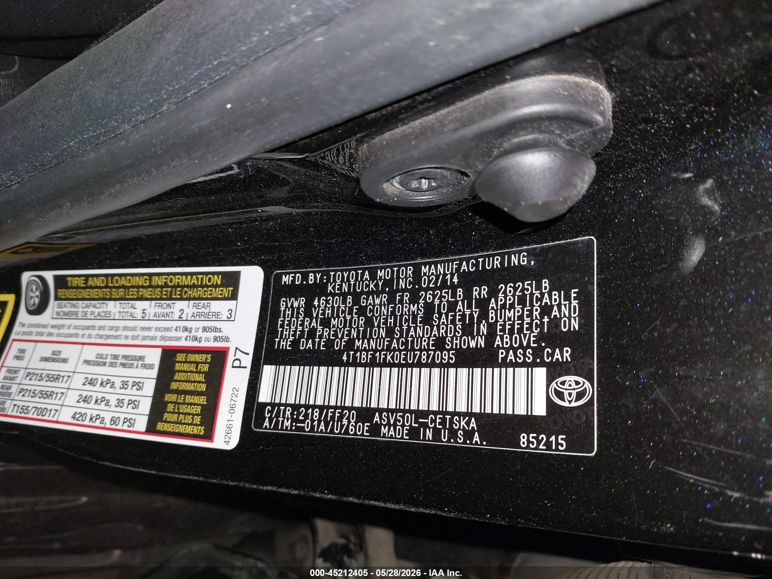 2014 Toyota Camry VIN 4T1BF1FK0EU787095 IAAI salvage auction — Side, Salvage (Oregon), sold $1,700 on 2026-07-09 (photo 9)