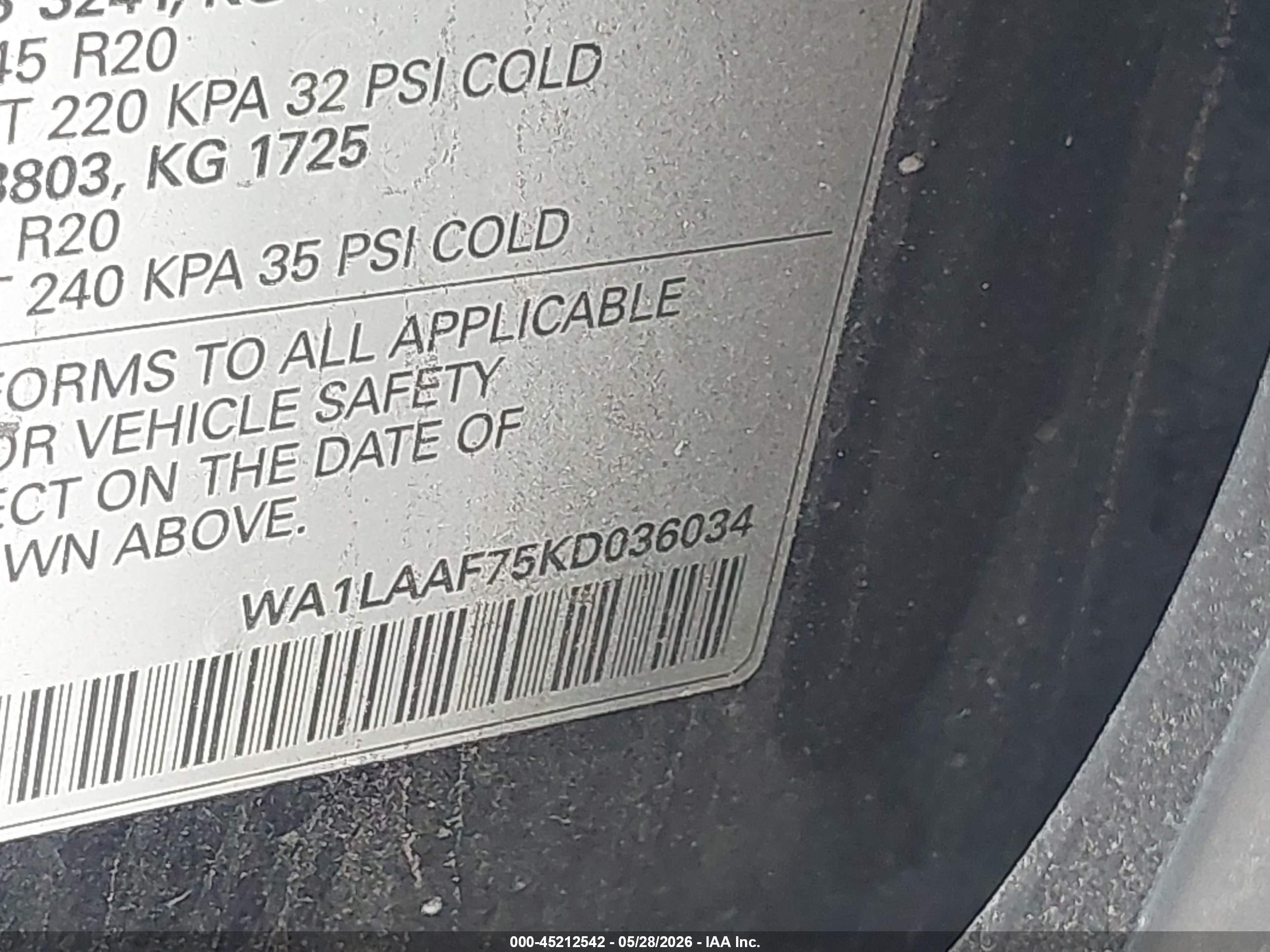 2019 Audi Q7 VIN WA1LAAF75KD036034 IAAI salvage auction — Side, Original (Texas), sold $5,300 on 2026-07-09 (photo 9)