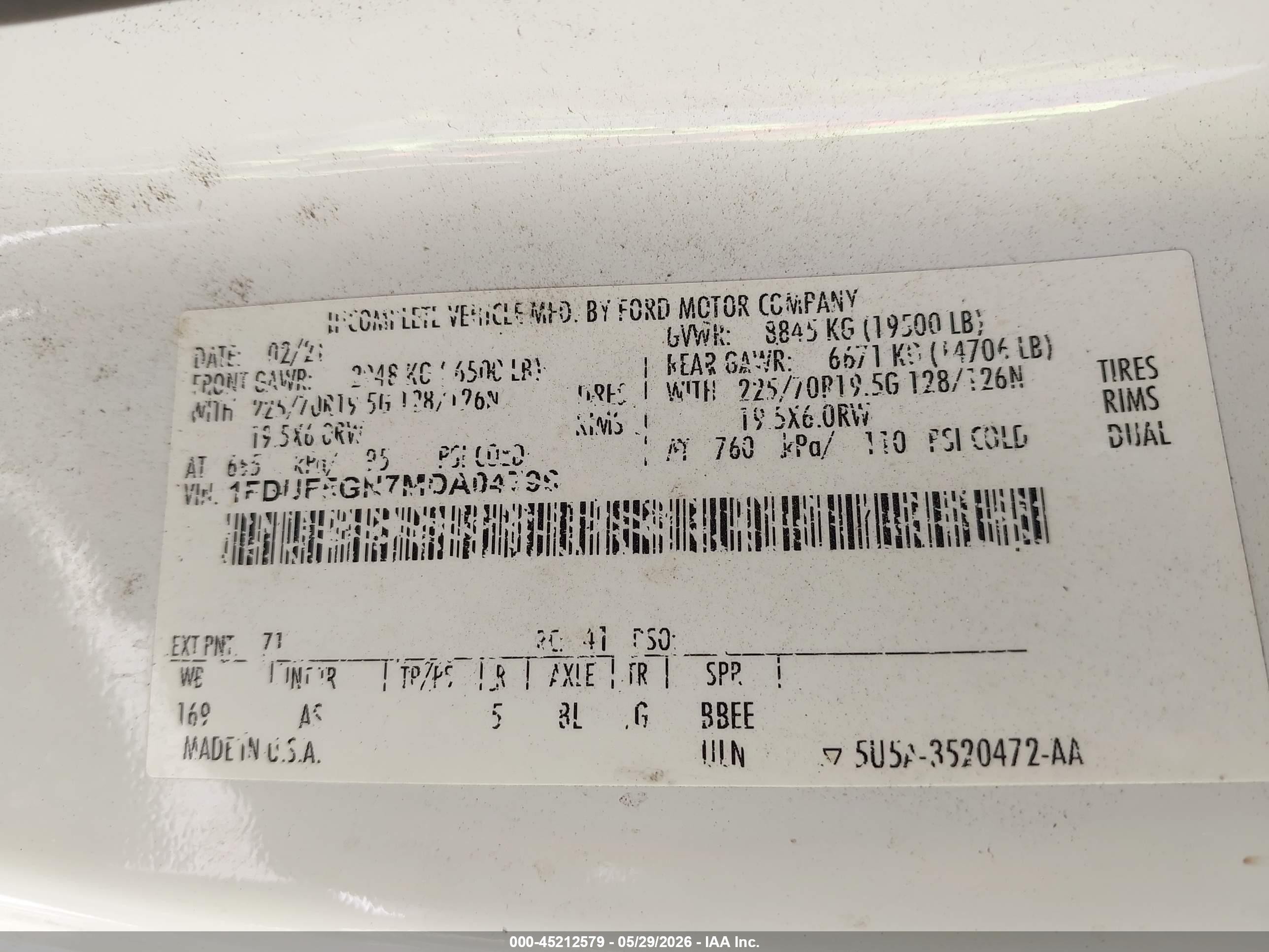 2021 Ford F-550 Chassis VIN 1FDUF5GN7MDA04796 IAAI salvage auction — Normal Wear, Clear (Arizona), sold $16,750 on 2026-07-08 (photo 8)