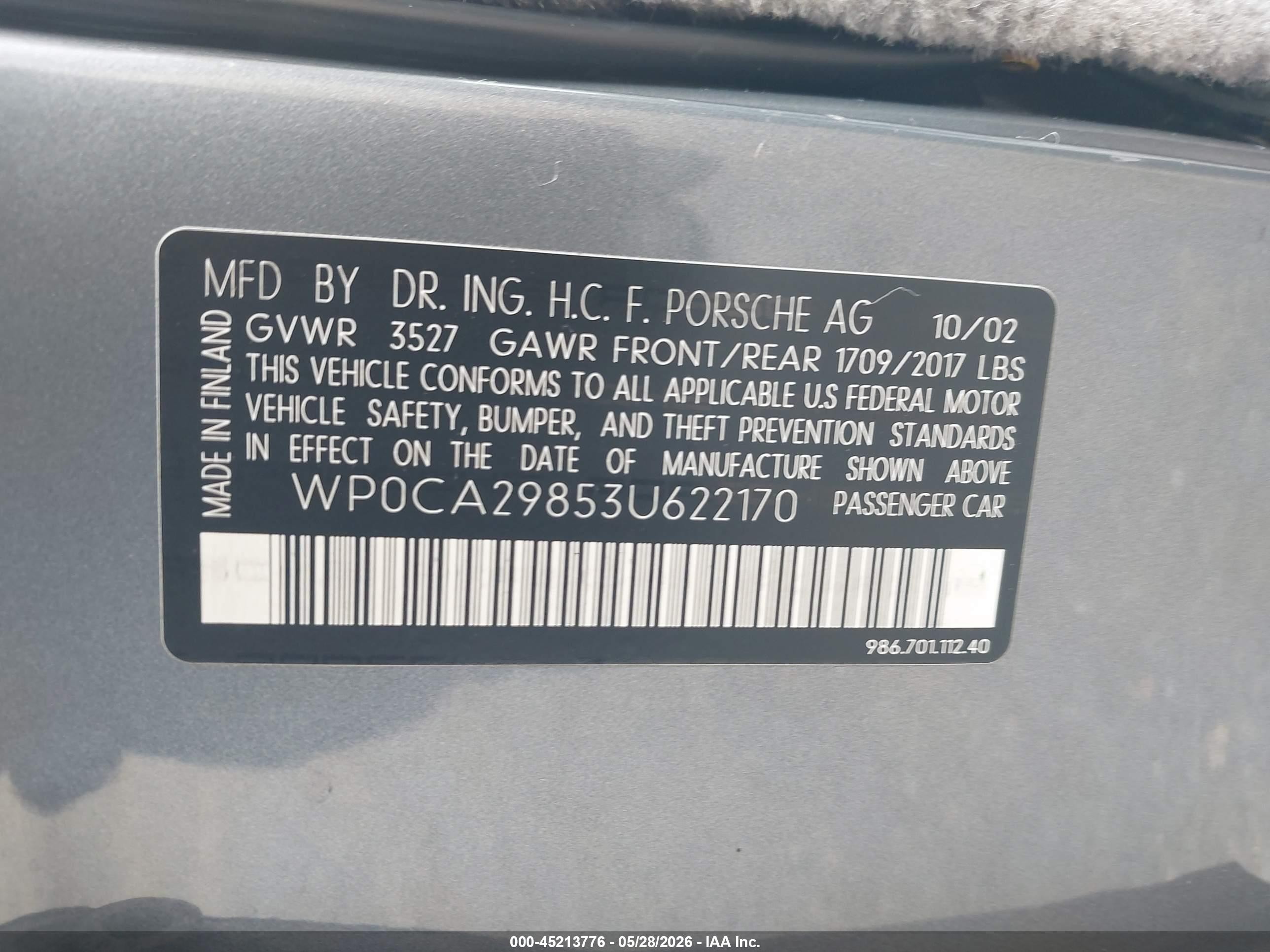 2003 Porsche Boxster VIN WP0CA29853U622170 IAAI salvage auction — Front End, Salvage (California), sold $1,200 on 2026-06-30 (photo 9)