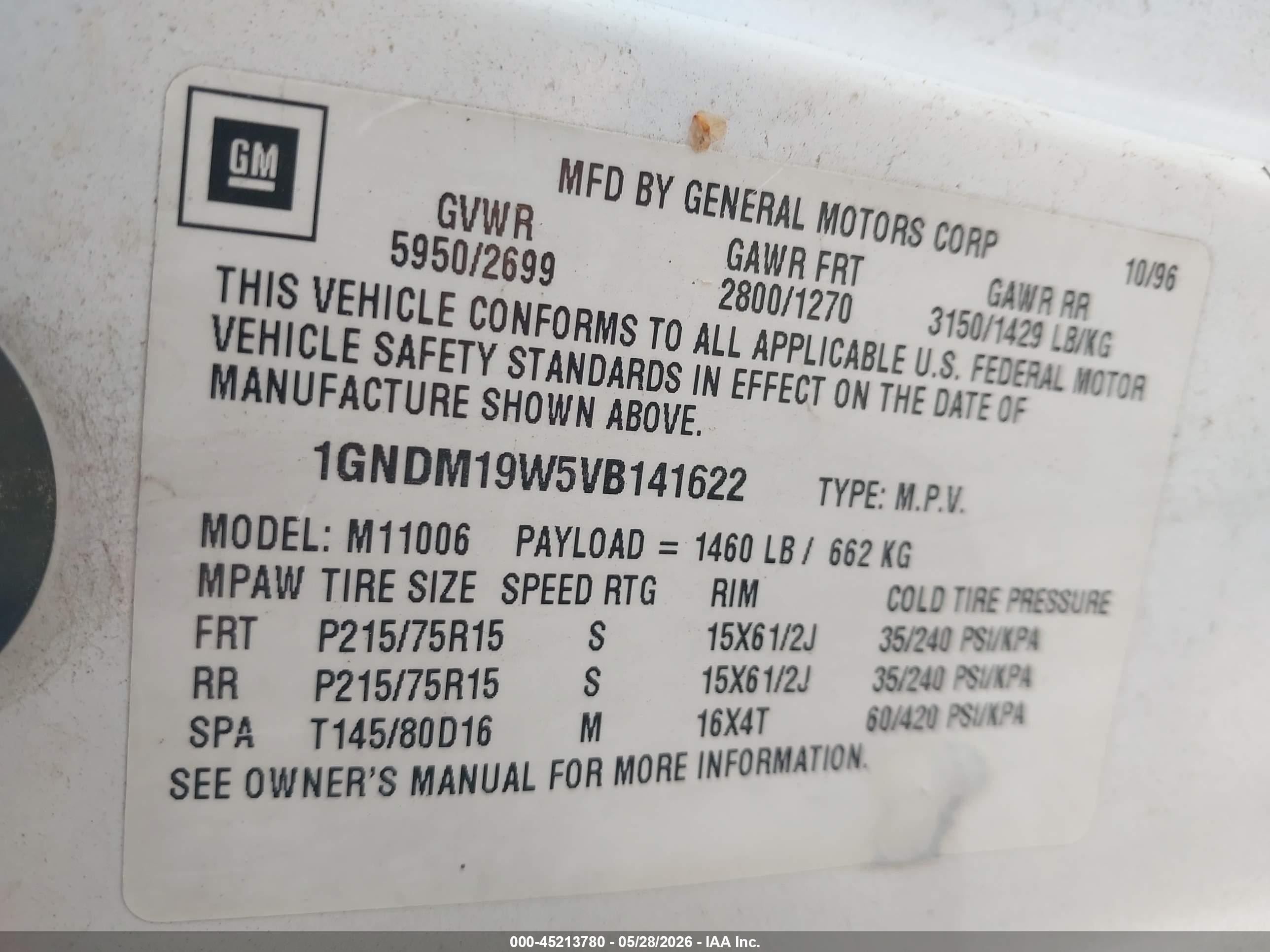 1997 Chevrolet Astro VIN 1GNDM19W5VB141622 IAAI salvage auction — Normal Wear, Clear (Utah), sold $250 on 2026-07-09 (photo 9)