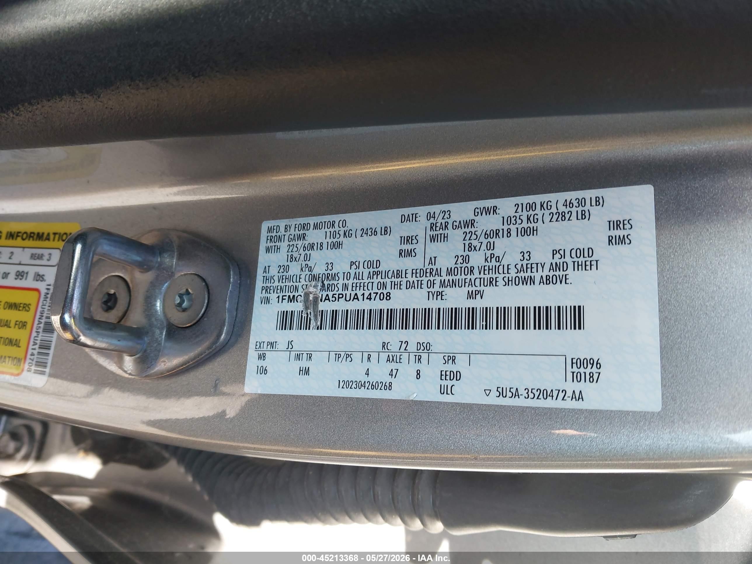 2023 Ford Escape VIN 1FMCU9NA5PUA14708 IAAI salvage auction — Unknown, Salvage (California), sold $2,050 on 2026-07-09 (photo 9)