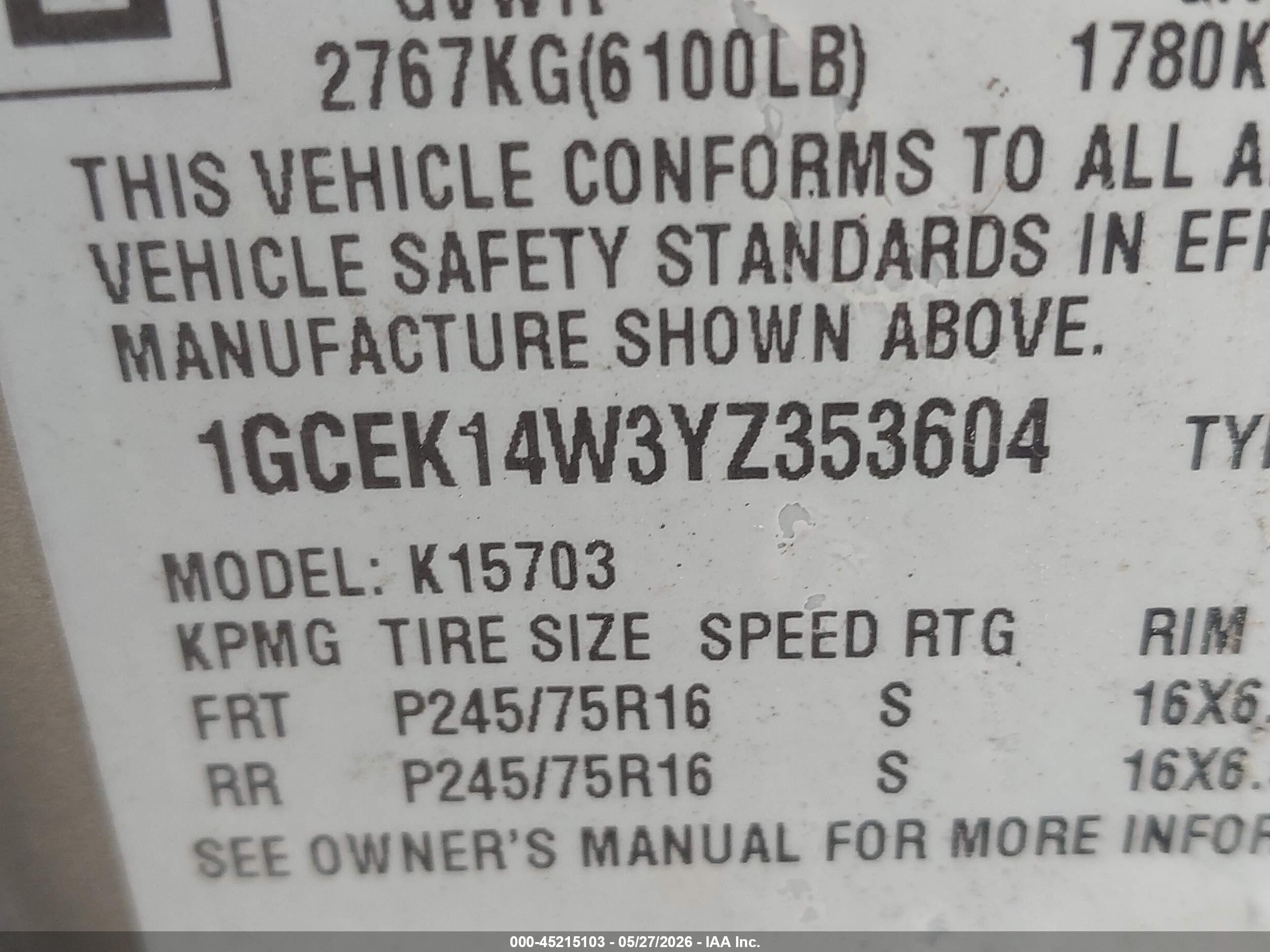 2000 Chevrolet Silverado 1500 VIN 1GCEK14W3YZ353604 IAAI salvage auction — Normal Wear, Clear (Virginia), sold $625 on 2026-07-12 (photo 9)
