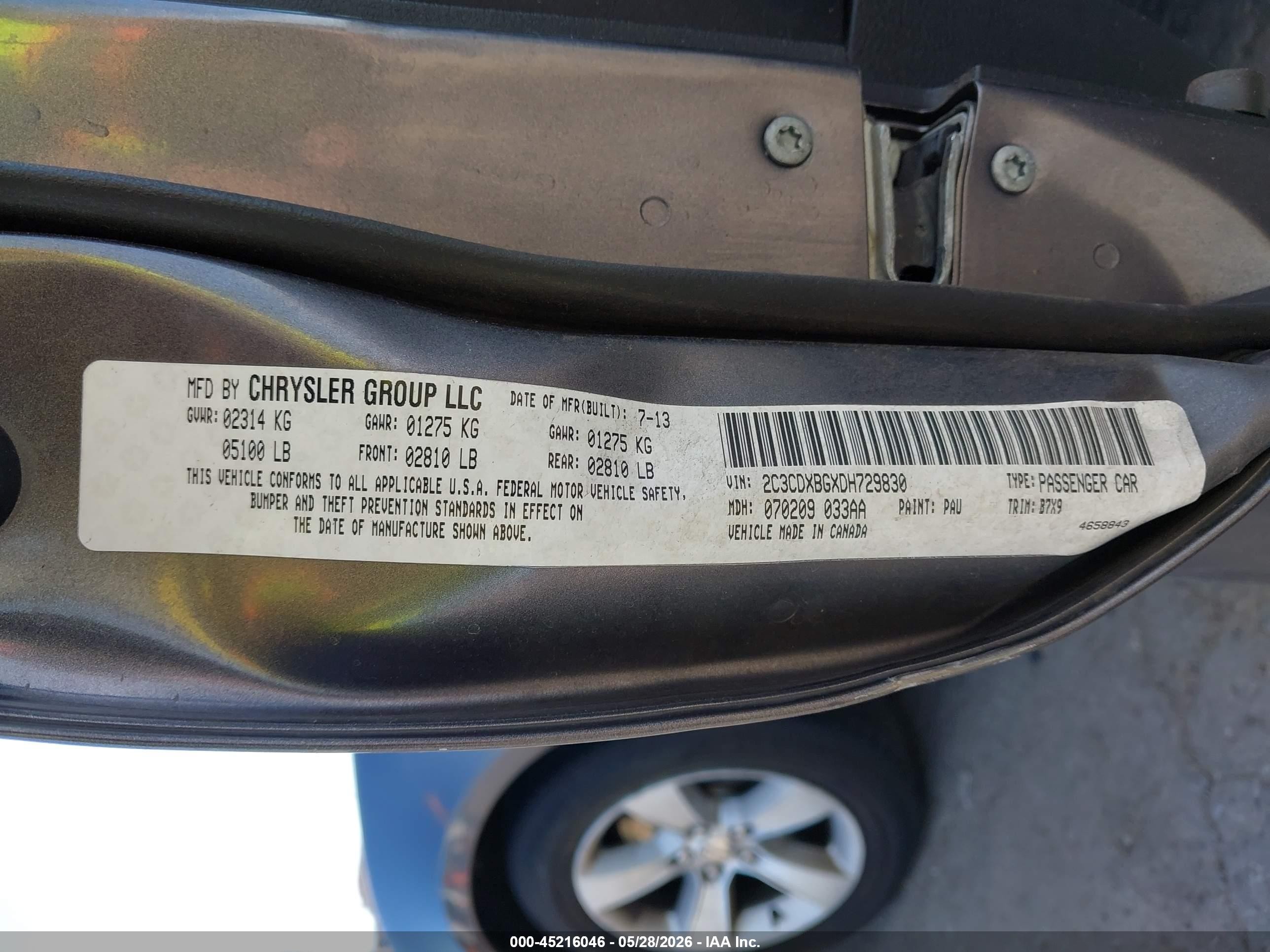 2013 Dodge Charger VIN 2C3CDXBGXDH729830 IAAI salvage auction — Side, Salvage (New Mexico), sold $725 on 2026-07-06 (photo 9)