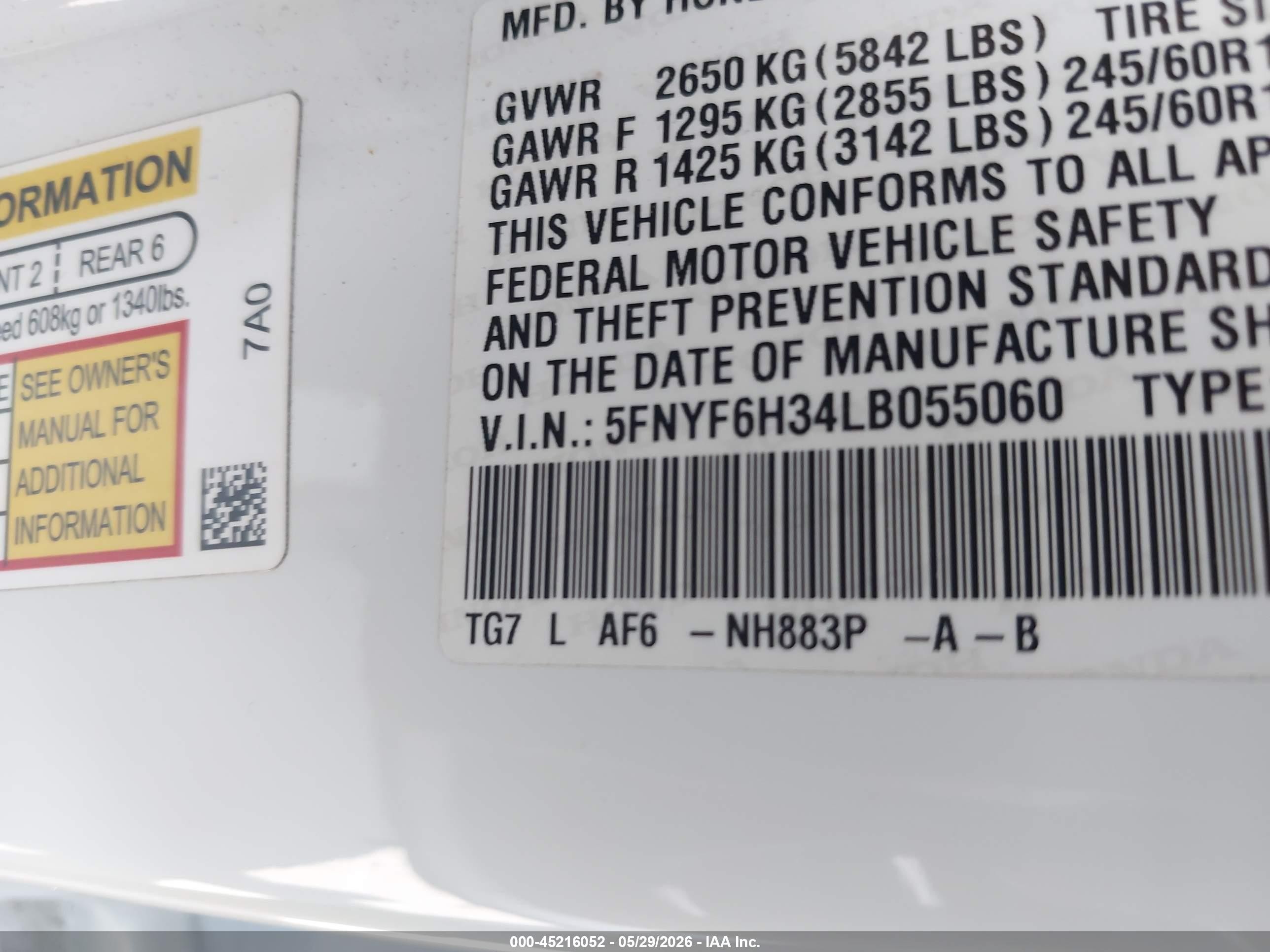 2020 Honda Pilot VIN 5FNYF6H34LB055060 IAAI salvage auction — Water/Flood, Mv-907A (New York), sold $5,600 on 2026-09-14 (photo 9)