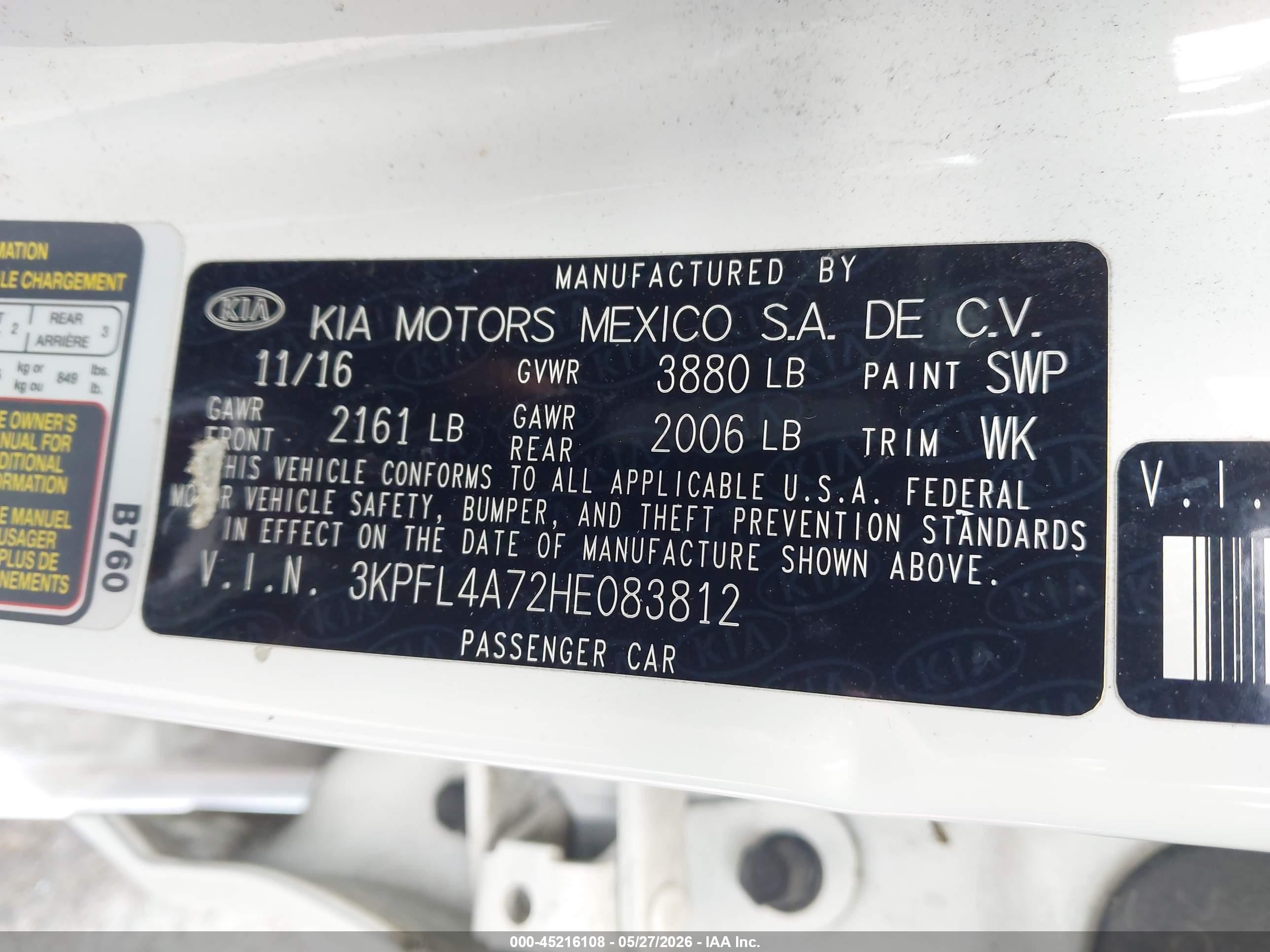2017 Kia Forte VIN 3KPFL4A72HE083812 IAAI salvage auction — Front End, Salvage (California), sold $475 on 2026-07-09 (photo 9)