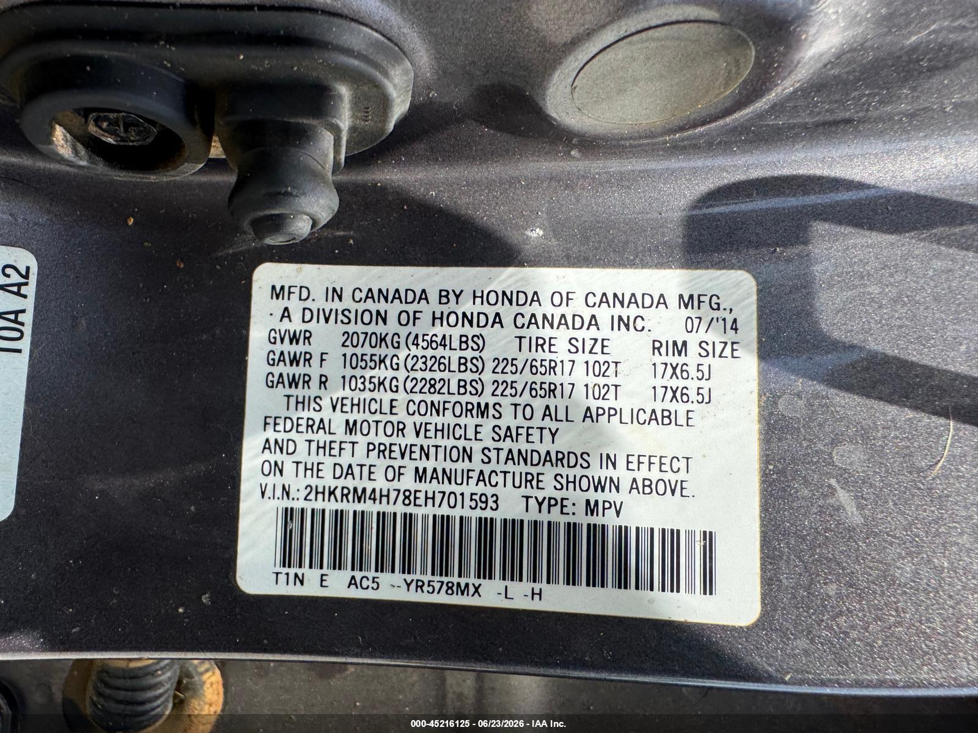 2014 Honda Cr-v VIN 2HKRM4H78EH701593 IAAI salvage auction — UNKNOWN, Salvage Title, sold $1,525 on 2026-07-18 (photo 9)