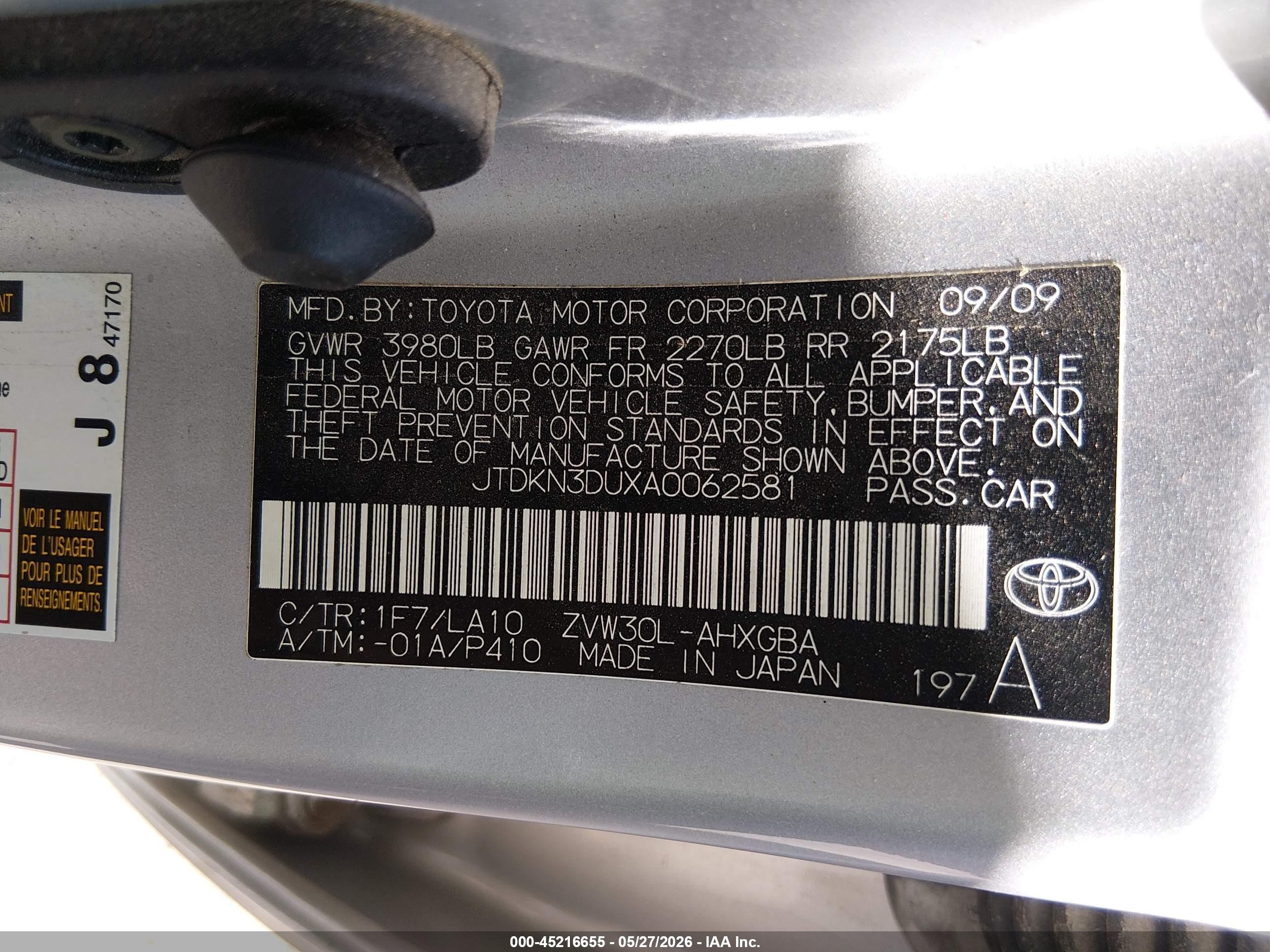 2010 Toyota Prius VIN JTDKN3DUXA0062581 IAAI salvage auction — Front End, Salvage (Arizona), sold $850 on 2026-07-09 (photo 9)