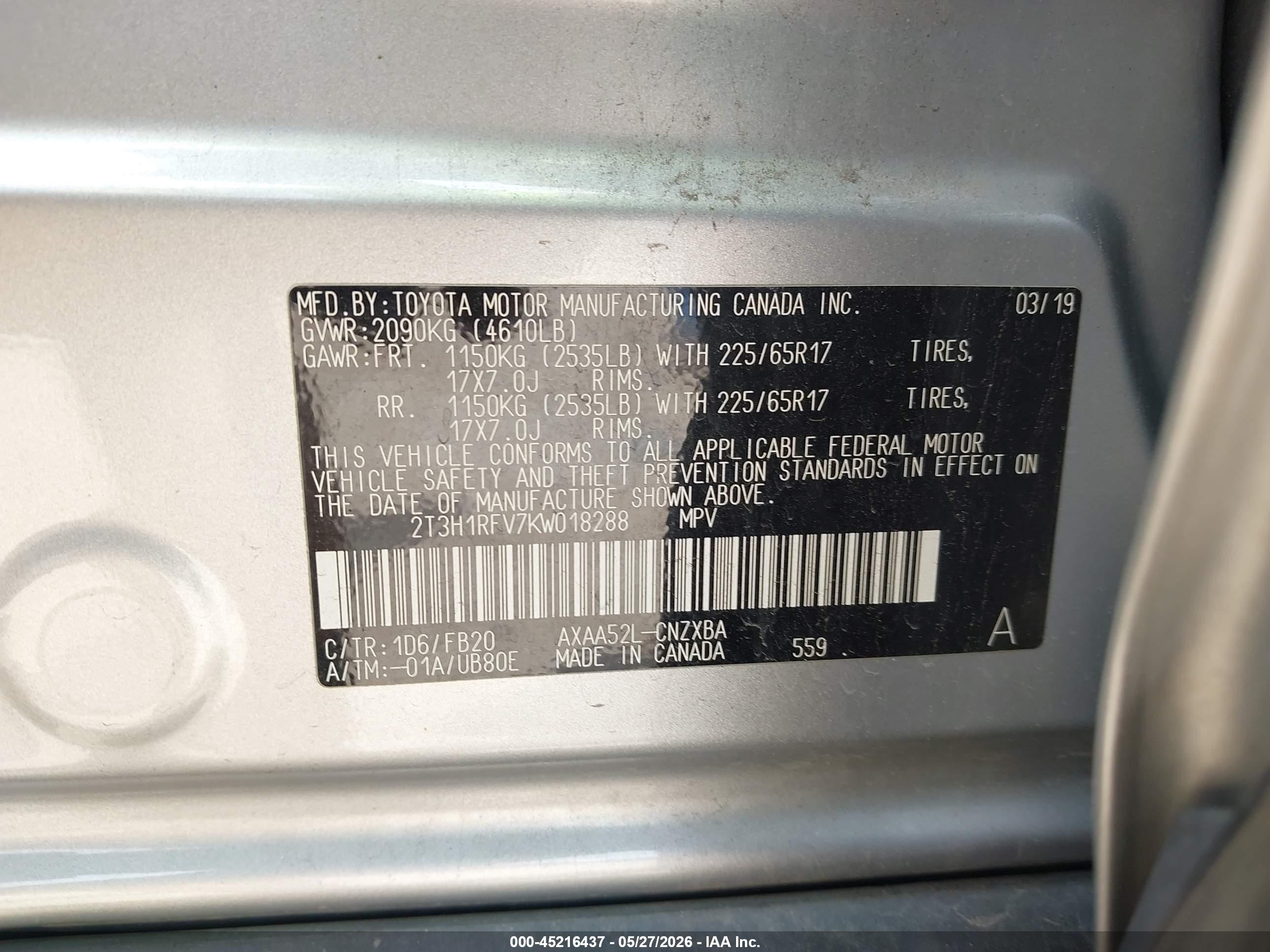 2019 Toyota RAV4 VIN 2T3H1RFV7KW018288 IAAI salvage auction — Side, Original (Texas), sold $6,000 on 2026-07-09 (photo 9)