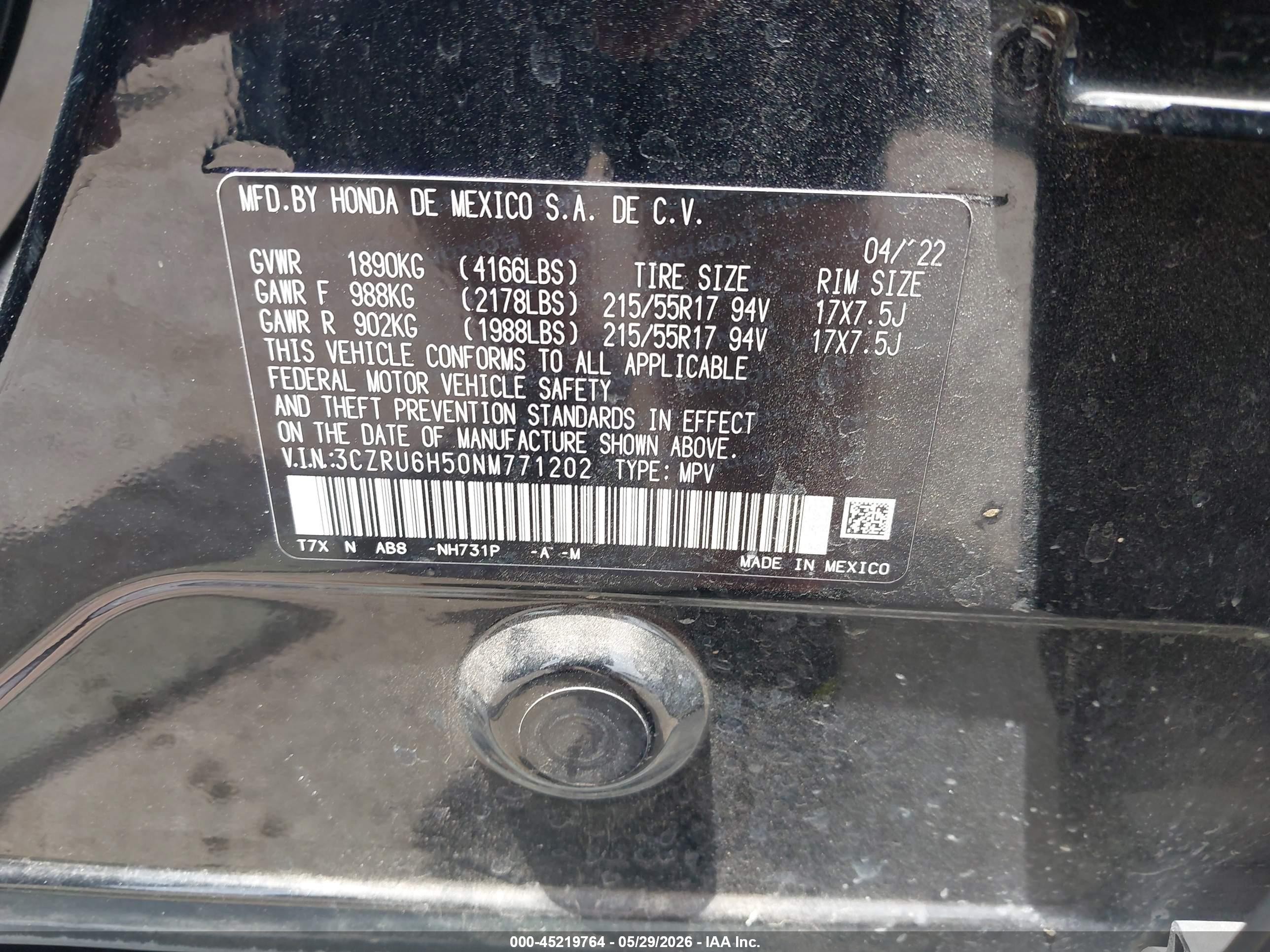 2022 Honda HR-V VIN 3CZRU6H50NM771202 IAAI salvage auction — Side, Original (Texas), sold $5,100 on 2026-07-09 (photo 9)