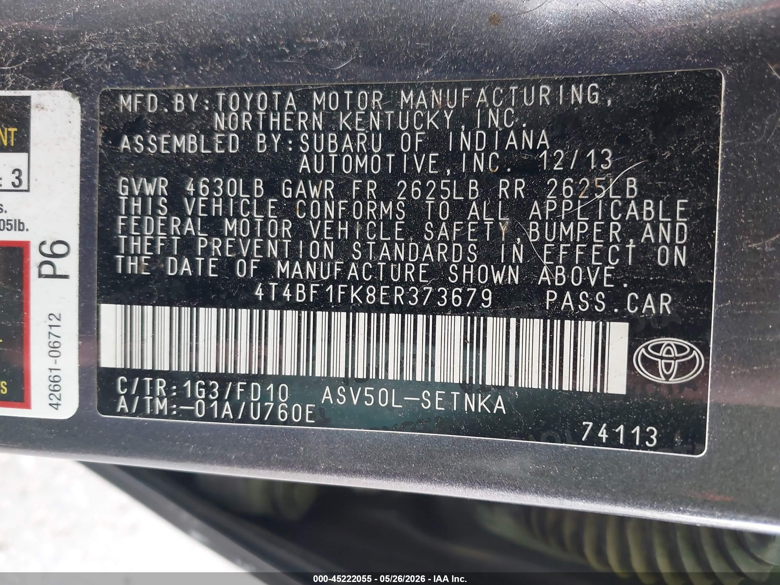 2014 Toyota Camry VIN 4T4BF1FK8ER373679 IAAI salvage auction — Side, Salvage (Oregon), sold $1,200 on 2026-07-03 (photo 9)