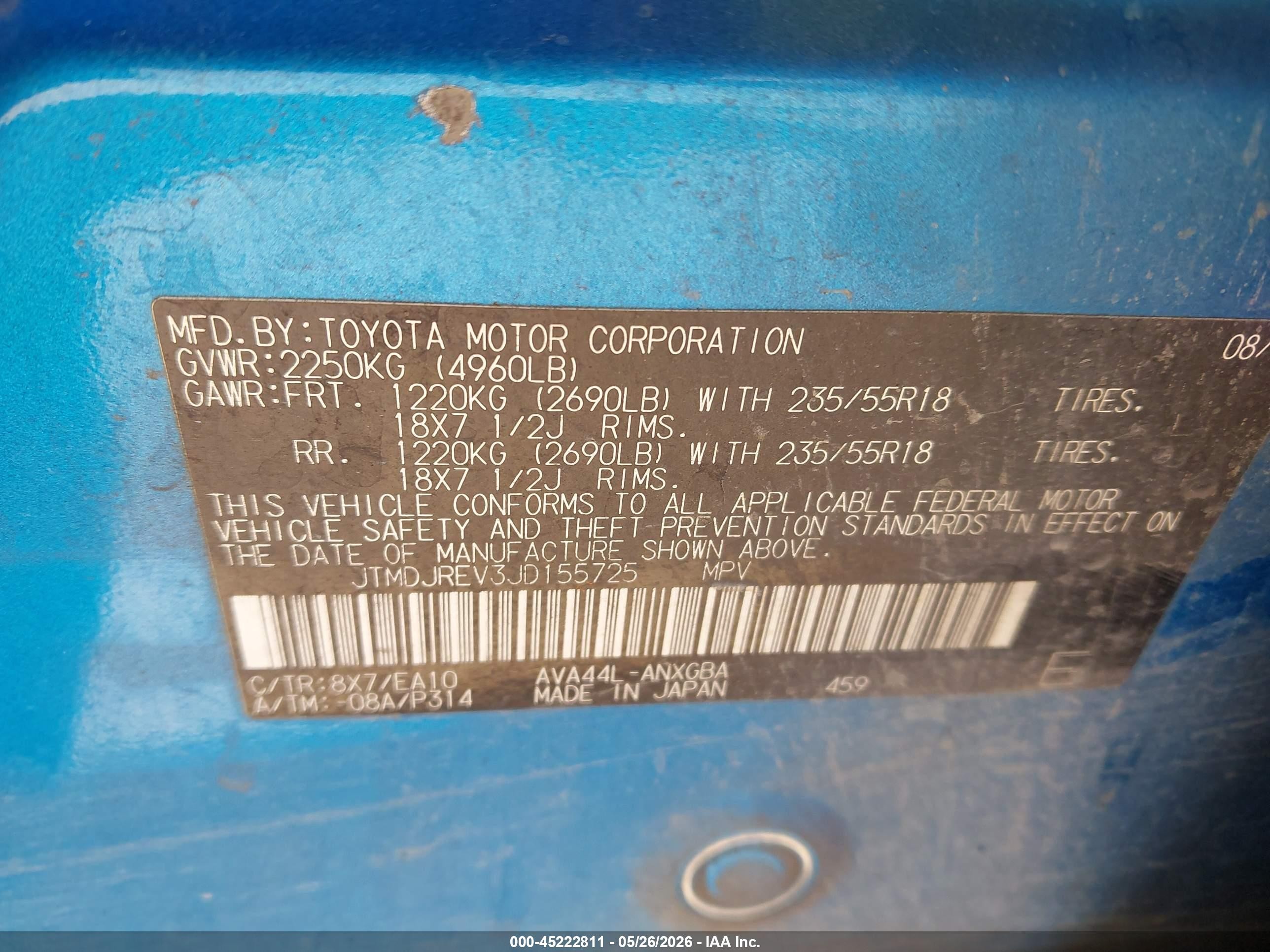 2018 Toyota RAV4 Hybrid VIN JTMDJREV3JD155725 IAAI salvage auction — Front End, Salvage (Arizona), sold $1,150 on 2026-07-09 (photo 9)