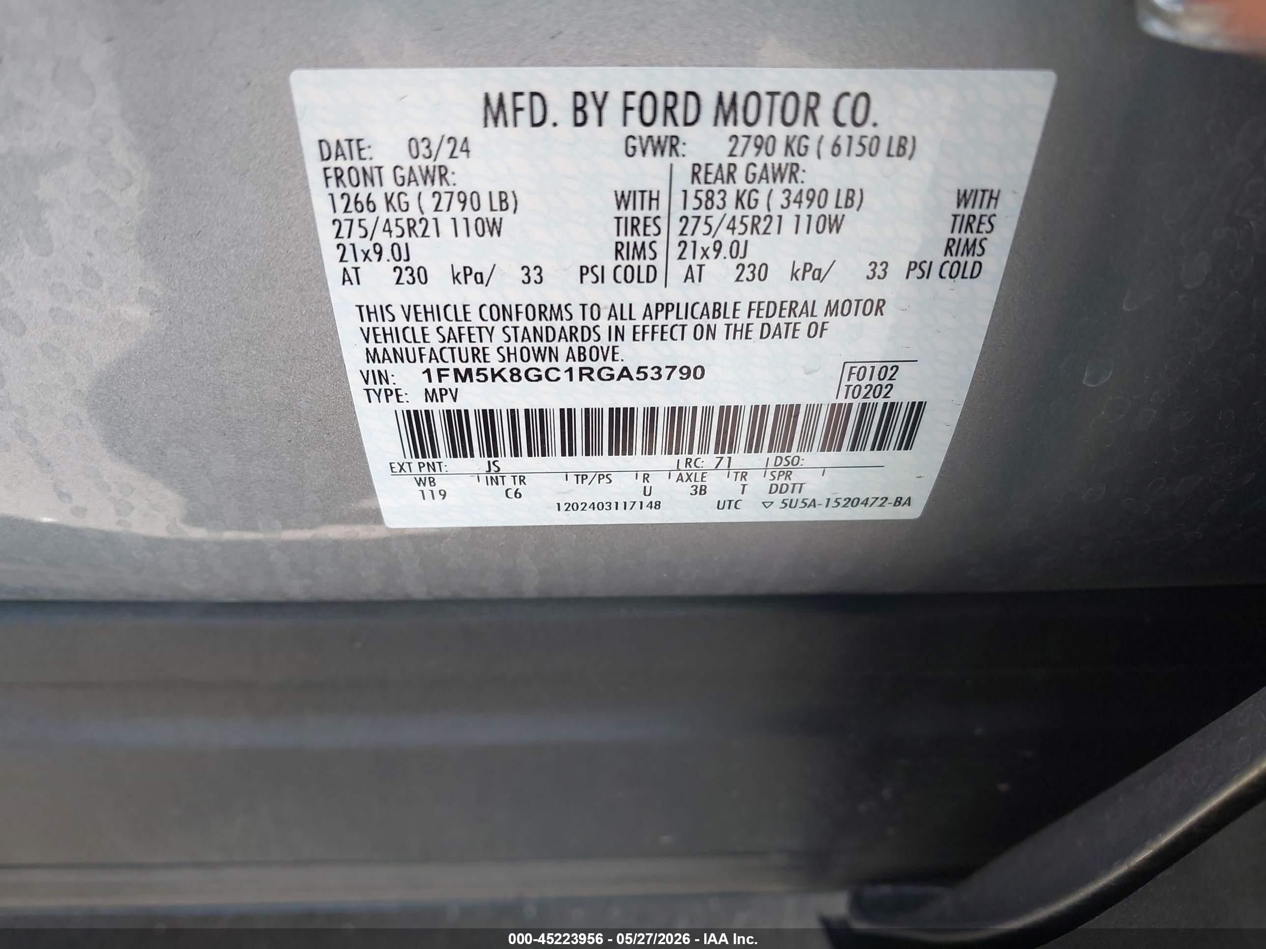2024 Ford Explorer VIN 1FM5K8GC1RGA53790 IAAI salvage auction — Unknown, Salvage Certificate (California), sold $12,550 on 2026-07-10 (photo 9)