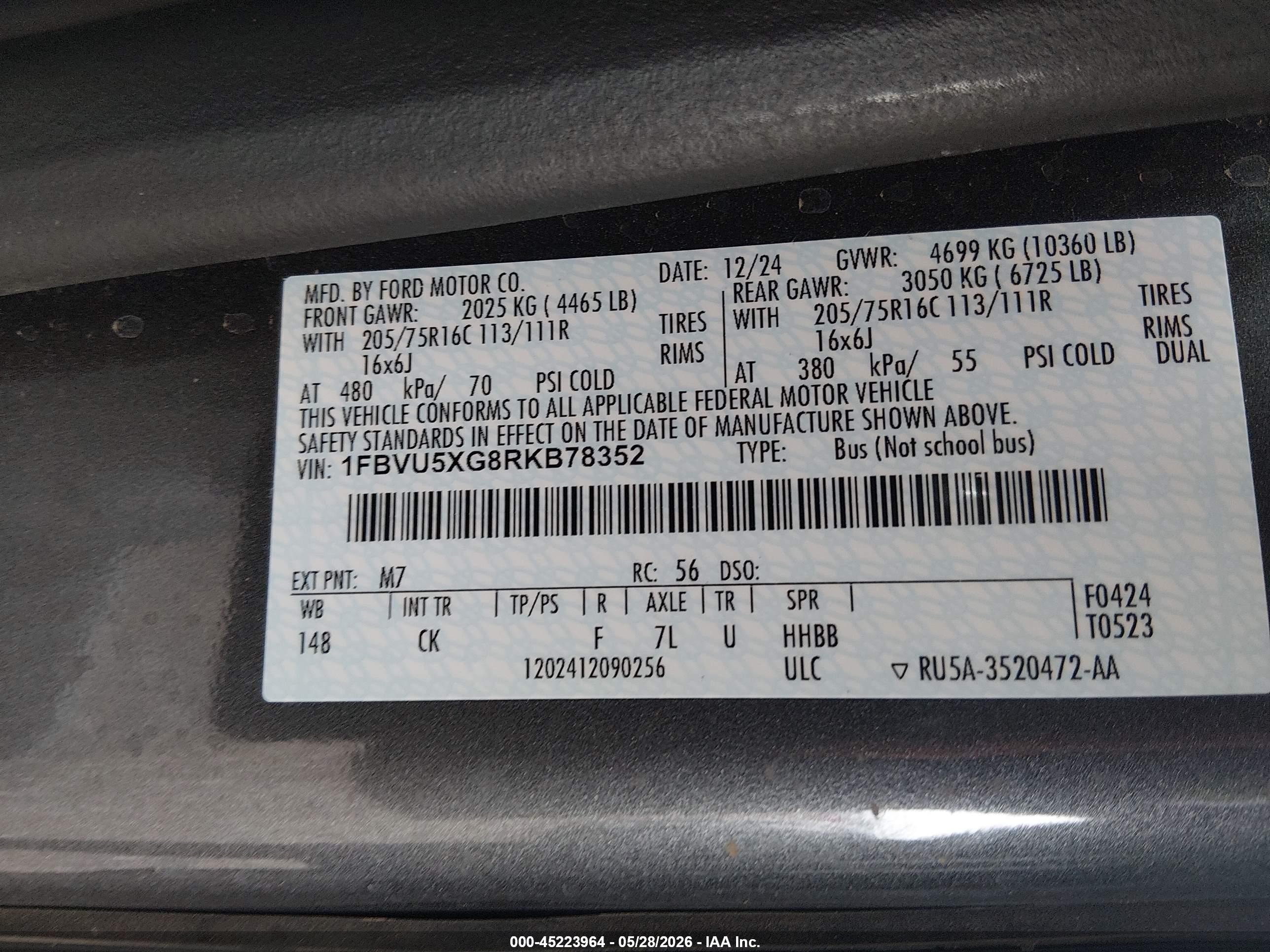2024 Ford Transit-350 VIN 1FBVU5XG8RKB78352 IAAI salvage auction — Rear End, Salvage (Louisiana), sold $23,050 on 2026-09-02 (photo 8)