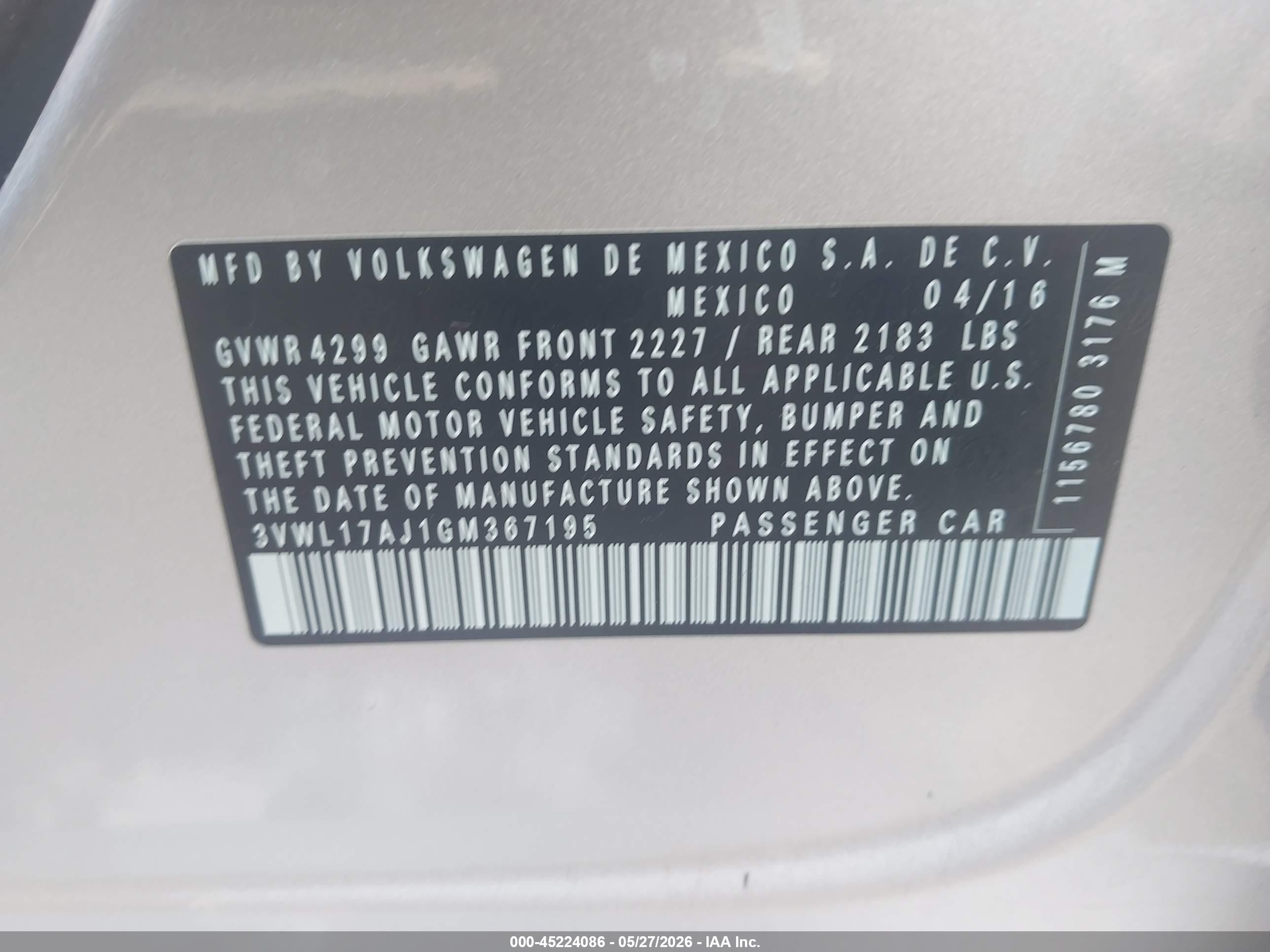 2016 Volkswagen Jetta VIN 3VWL17AJ1GM367195 IAAI salvage auction — Front & Rear, Salvage (California), sold $1,500 on 2026-07-09 (photo 9)