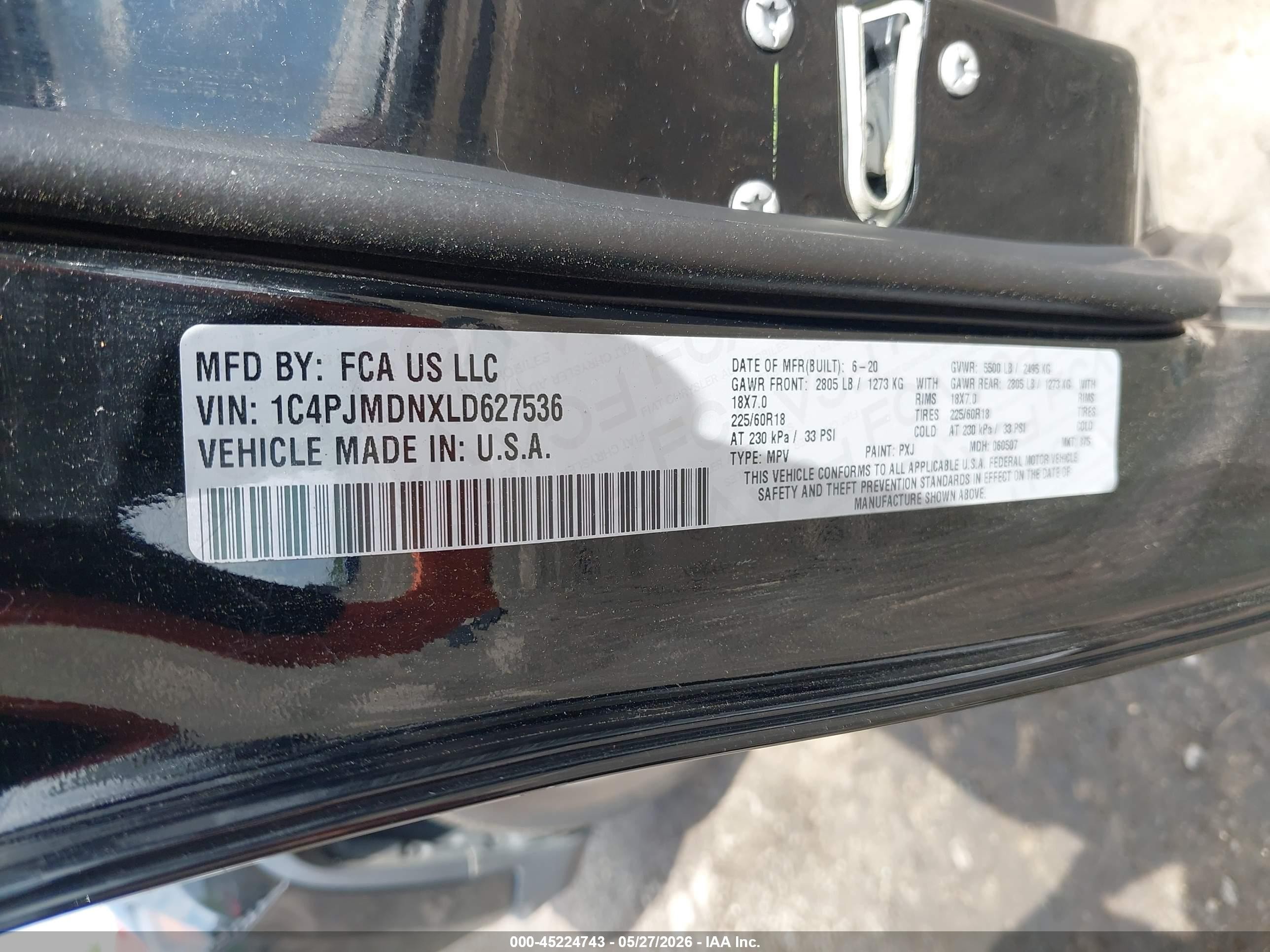 2020 Jeep Cherokee VIN 1C4PJMDNXLD627536 IAAI salvage auction — Front End, Salvage (Pennsylvania), sold $3,200 on 2026-07-07 (photo 9)