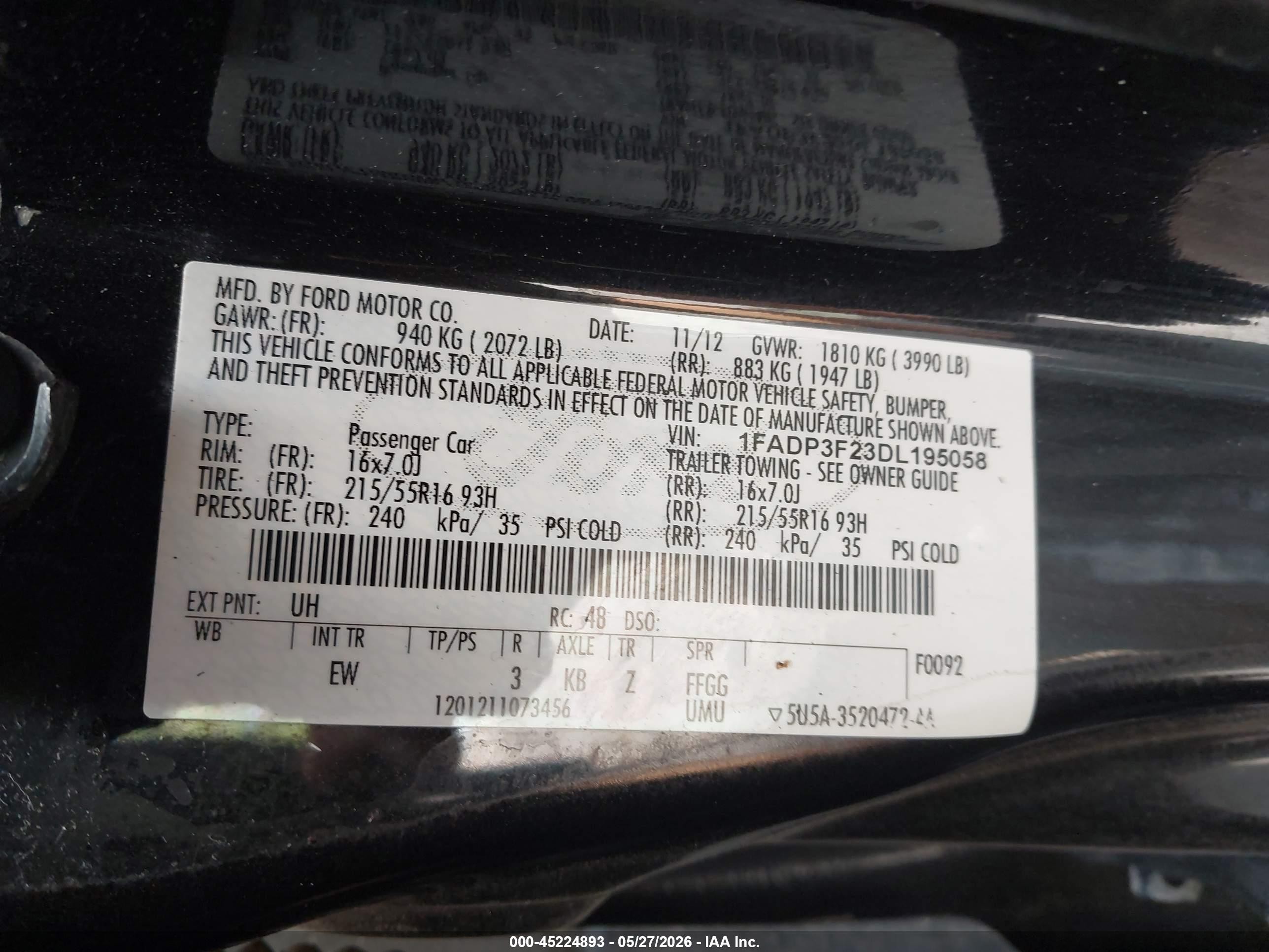 2013 Ford Focus VIN 1FADP3F23DL195058 IAAI salvage auction — Side, Salvage (Utah), sold $375 on 2026-07-09 (photo 9)