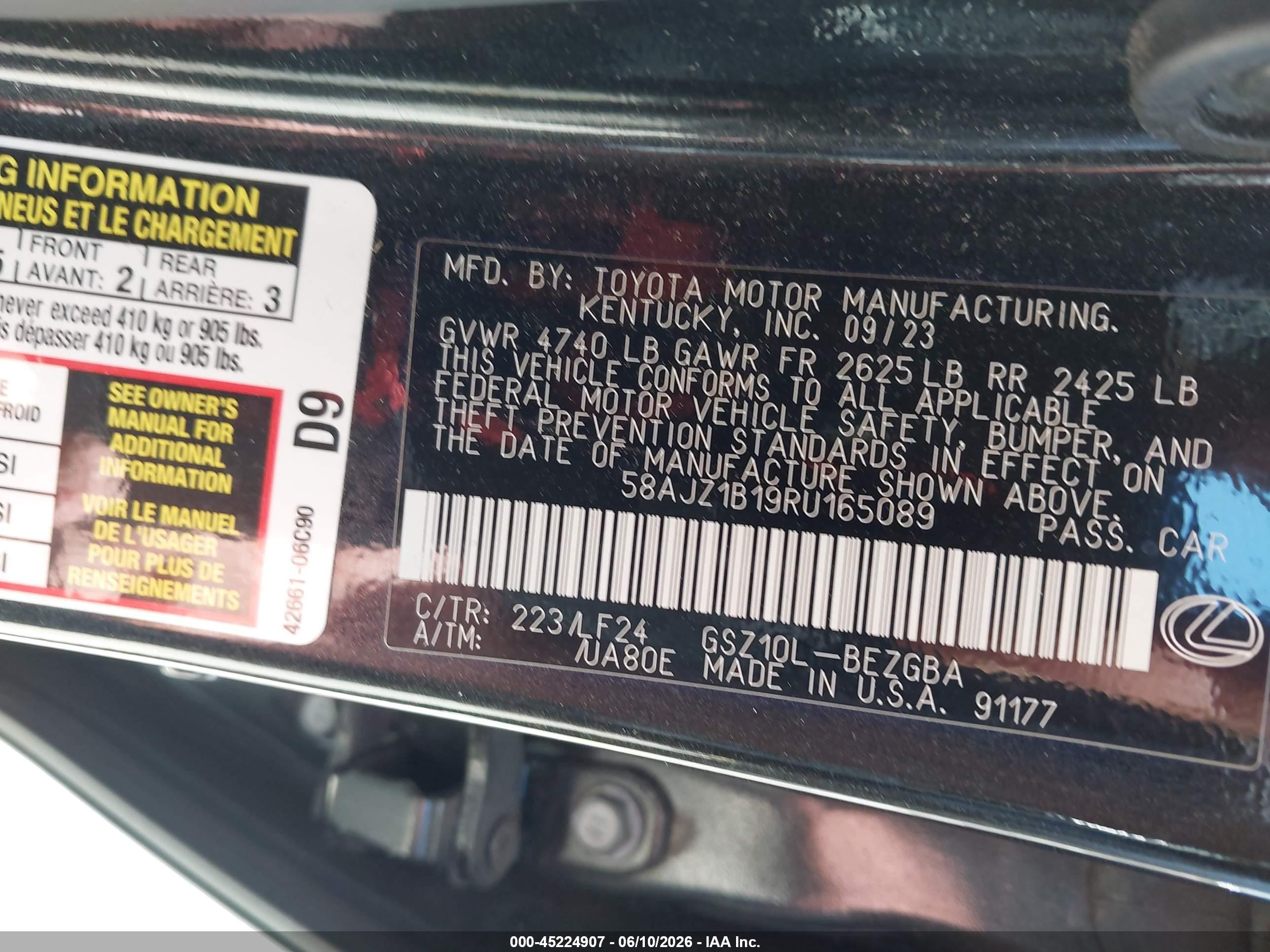 2024 Lexus ES VIN 58AJZ1B19RU165089 IAAI salvage auction — Front End, Original (Texas), sold $20,500 on 2026-08-12 (photo 9)