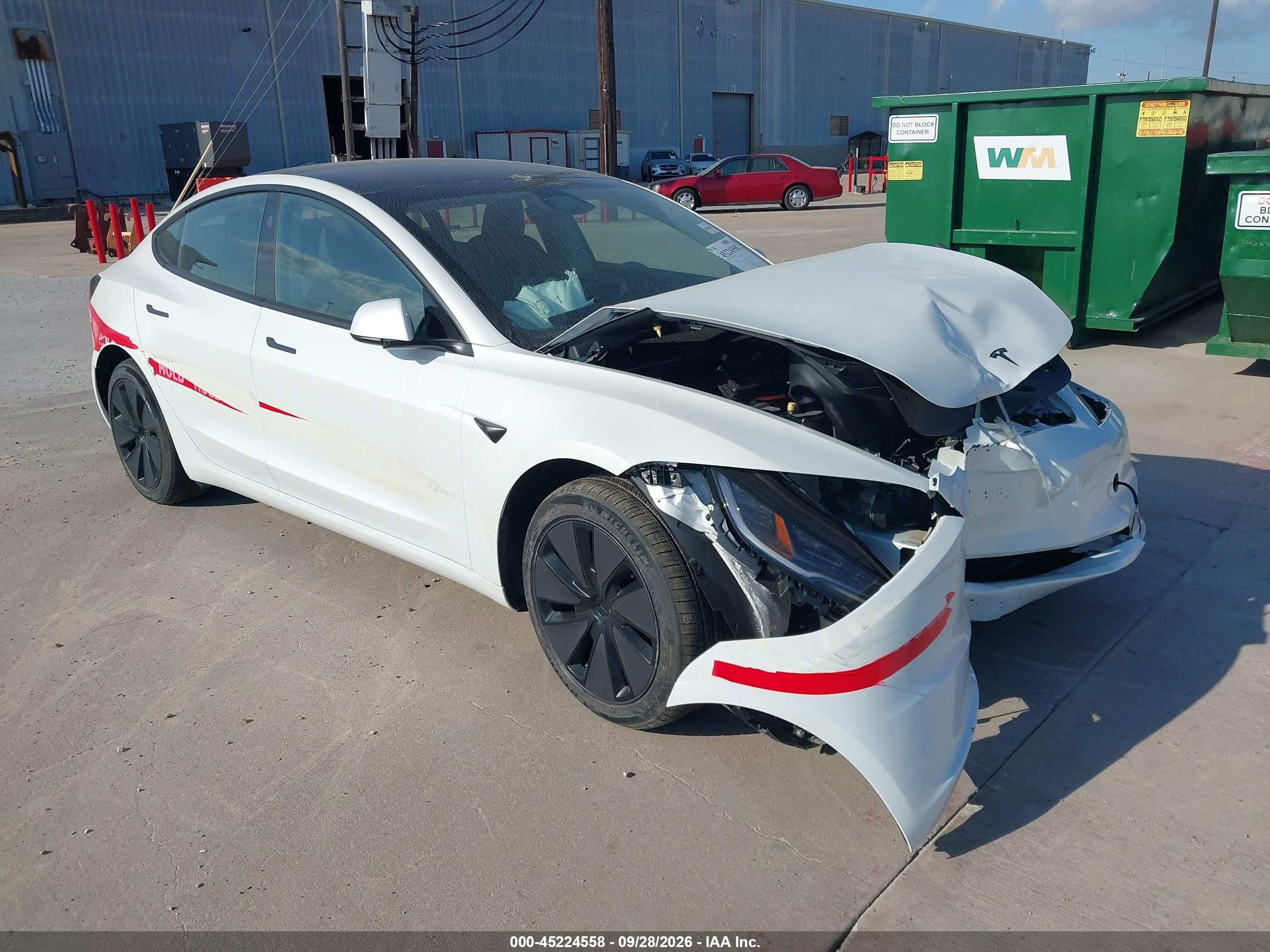 2026 Tesla Model 3 VIN 5YJ3E1EA4TF143979 IAAI salvage auction — Front End, Original (Texas), sold $15,025 on 2026-10-06 (photo 1)