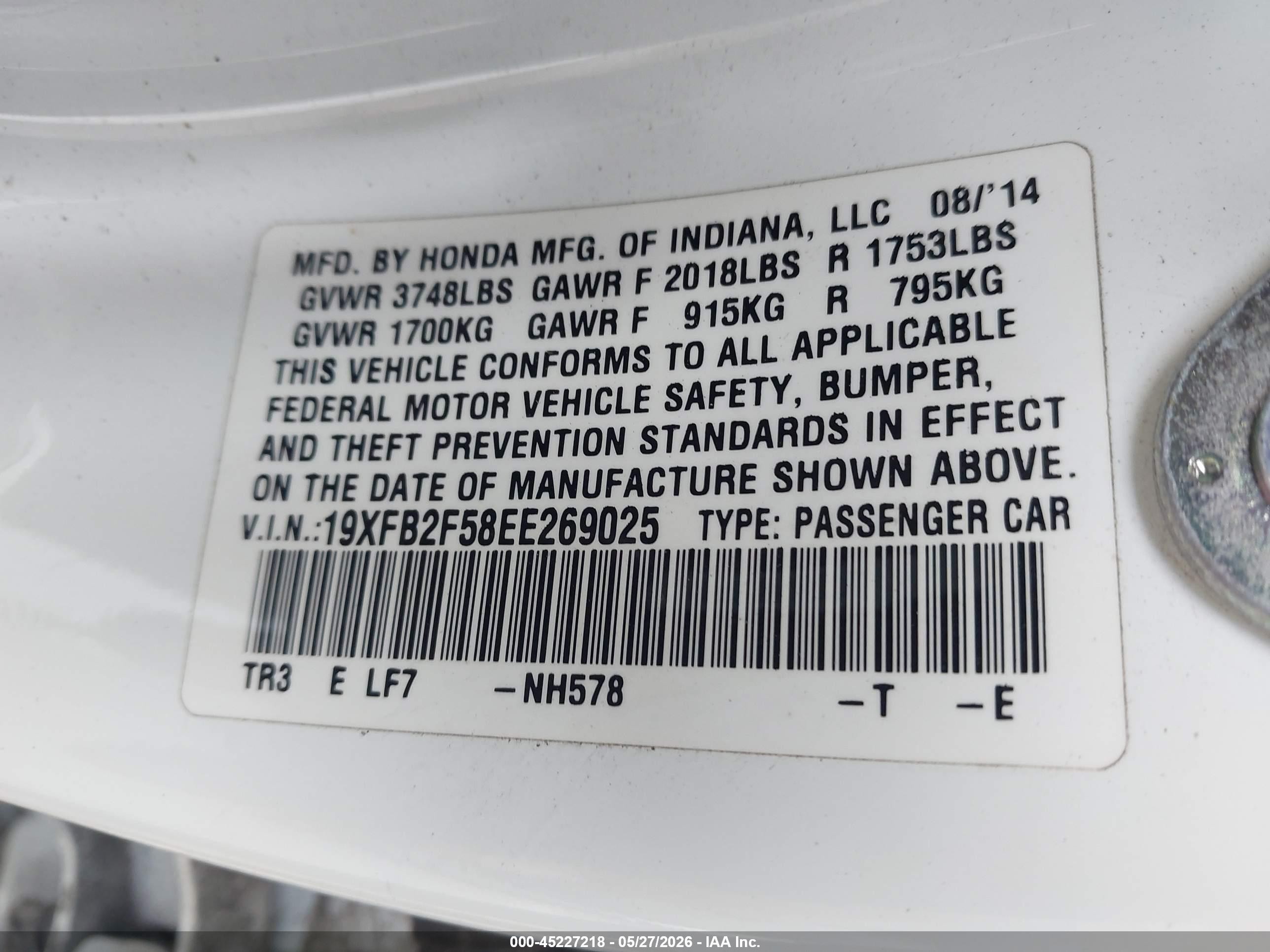 2014 Honda Civic VIN 19XFB2F58EE269025 IAAI salvage auction — Normal Wear, Salvage (California), sold $1,300 on 2026-07-09 (photo 9)
