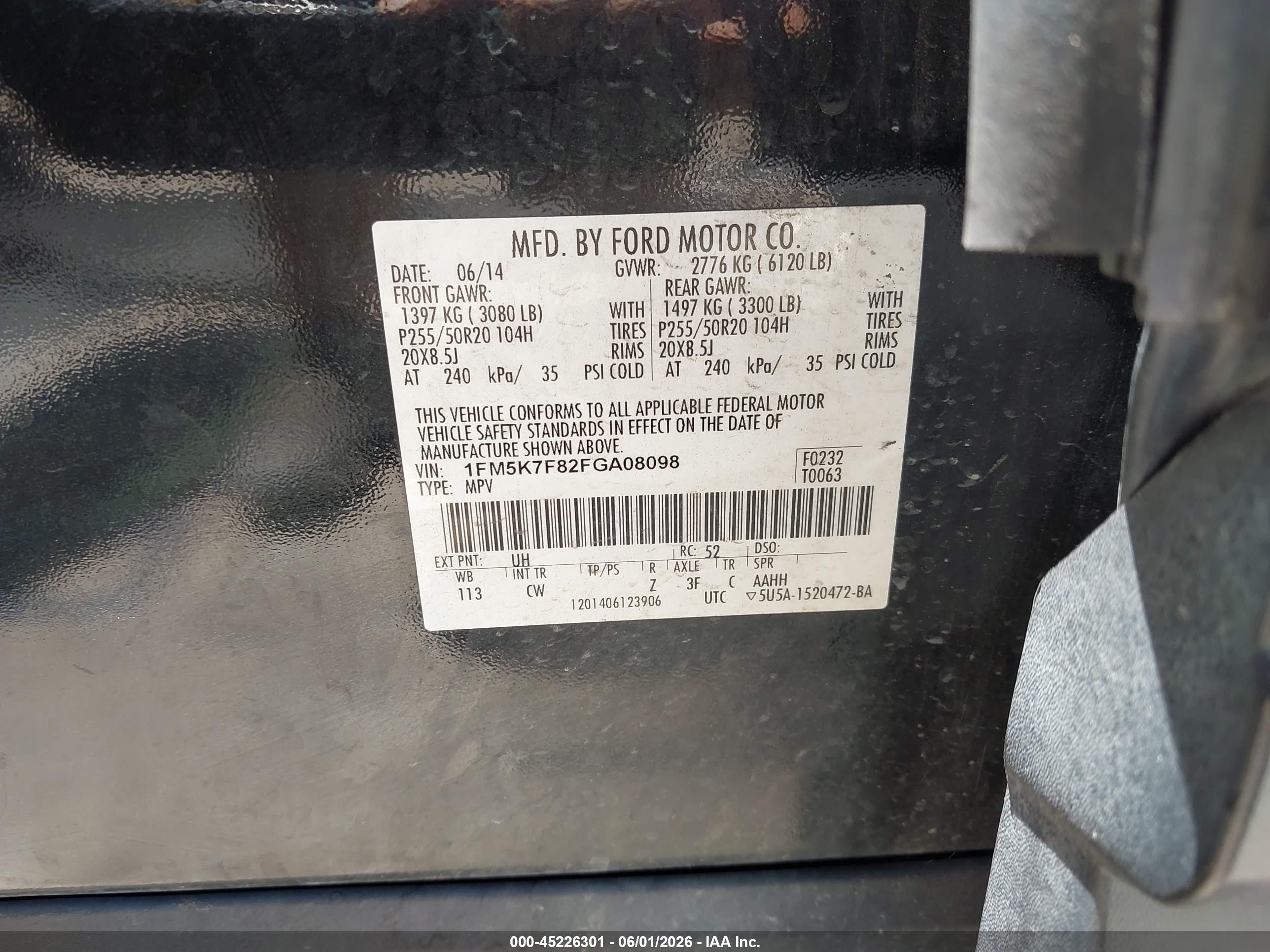 2015 Ford Explorer VIN 1FM5K7F82FGA08098 IAAI salvage auction — Side, Original (Texas), sold $1,350 on 2026-07-09 (photo 9)