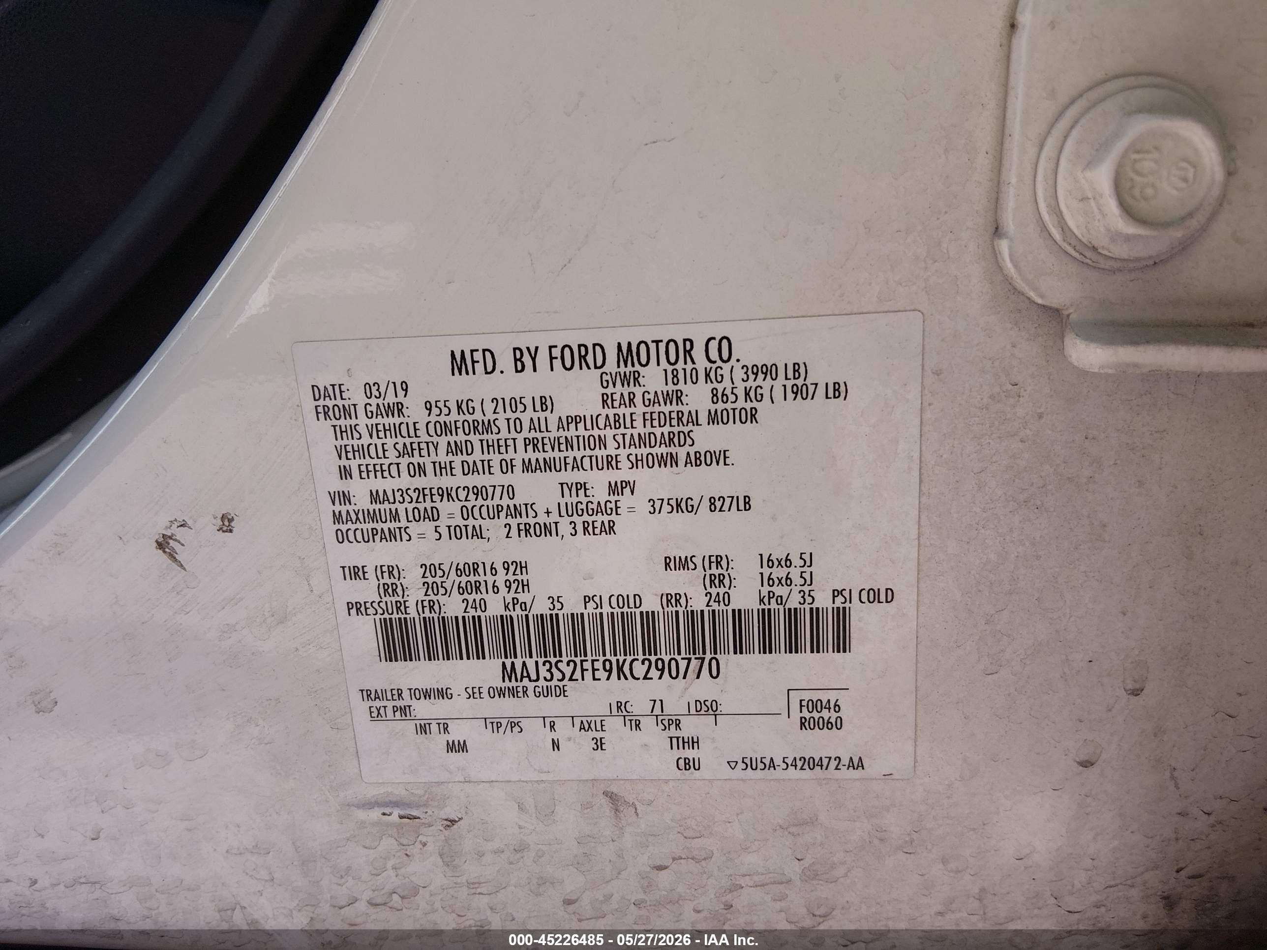 2019 Ford EcoSport VIN MAJ3S2FE9KC290770 IAAI salvage auction — Front End, Salvage (Arizona), sold $1,050 on 2026-07-08 (photo 9)