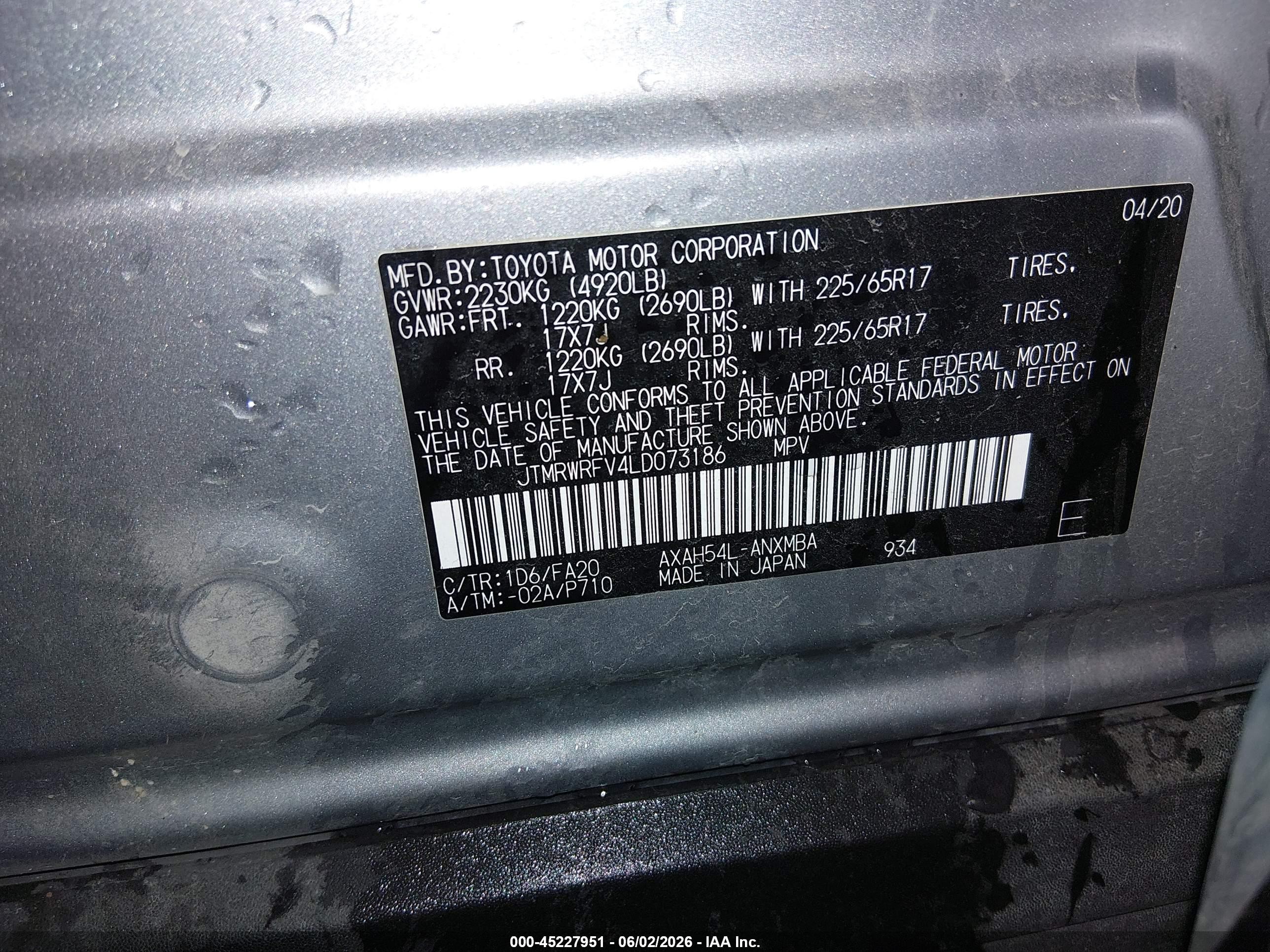 2020 Toyota RAV4 Hybrid VIN JTMRWRFV4LD073186 IAAI salvage auction — Front End, Salvage (Idaho), sold $10,200 on 2026-07-10 (photo 9)