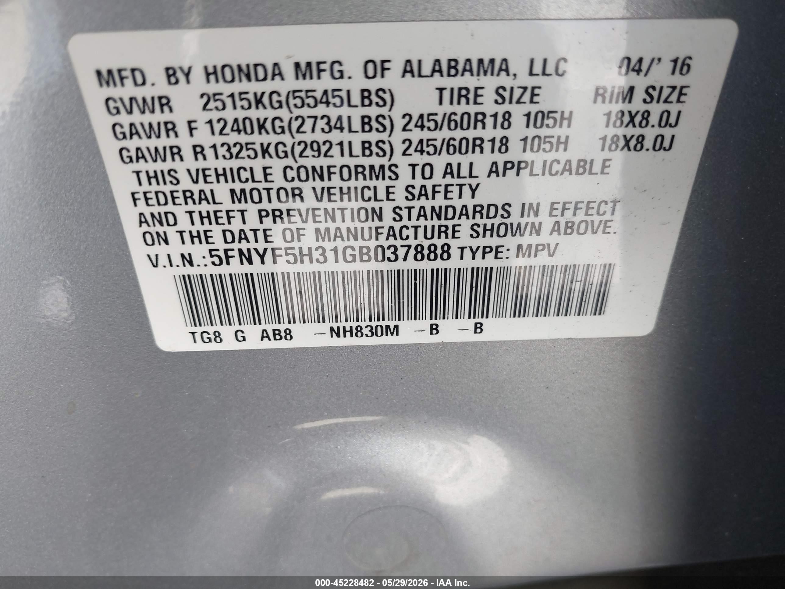 2016 Honda Pilot VIN 5FNYF5H31GB037888 IAAI salvage auction — Front End, Salvage Certificate (California), sold $3,050 on 2026-07-11 (photo 9)