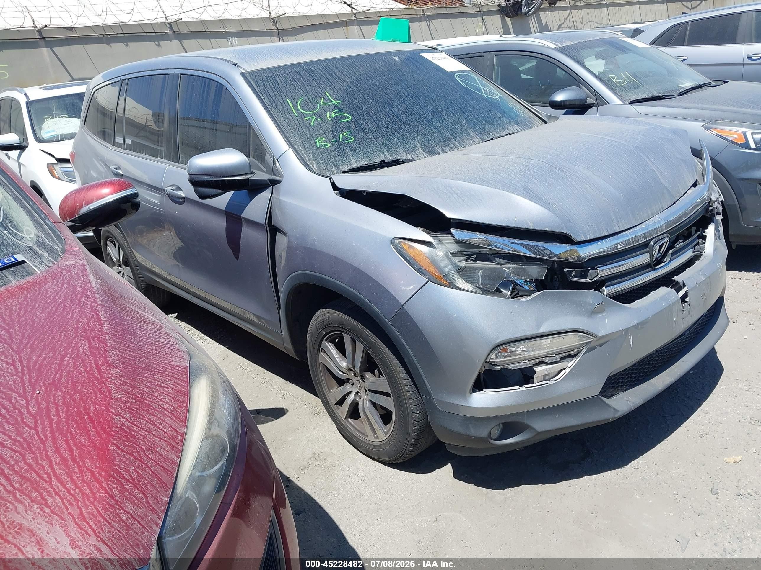 2016 Honda Pilot VIN 5FNYF5H31GB037888 IAAI salvage auction — Front End, Salvage Certificate (California), sold $3,050 on 2026-07-11 (photo 1)