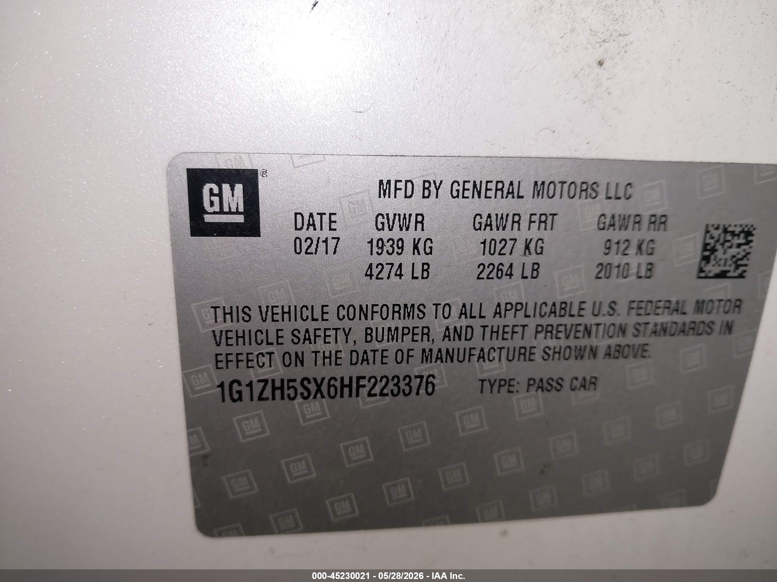 2017 Chevrolet Malibu VIN 1G1ZH5SX6HF223376 IAAI salvage auction — Front End, Salvage (Oregon), sold $875 on 2026-07-09 (photo 9)