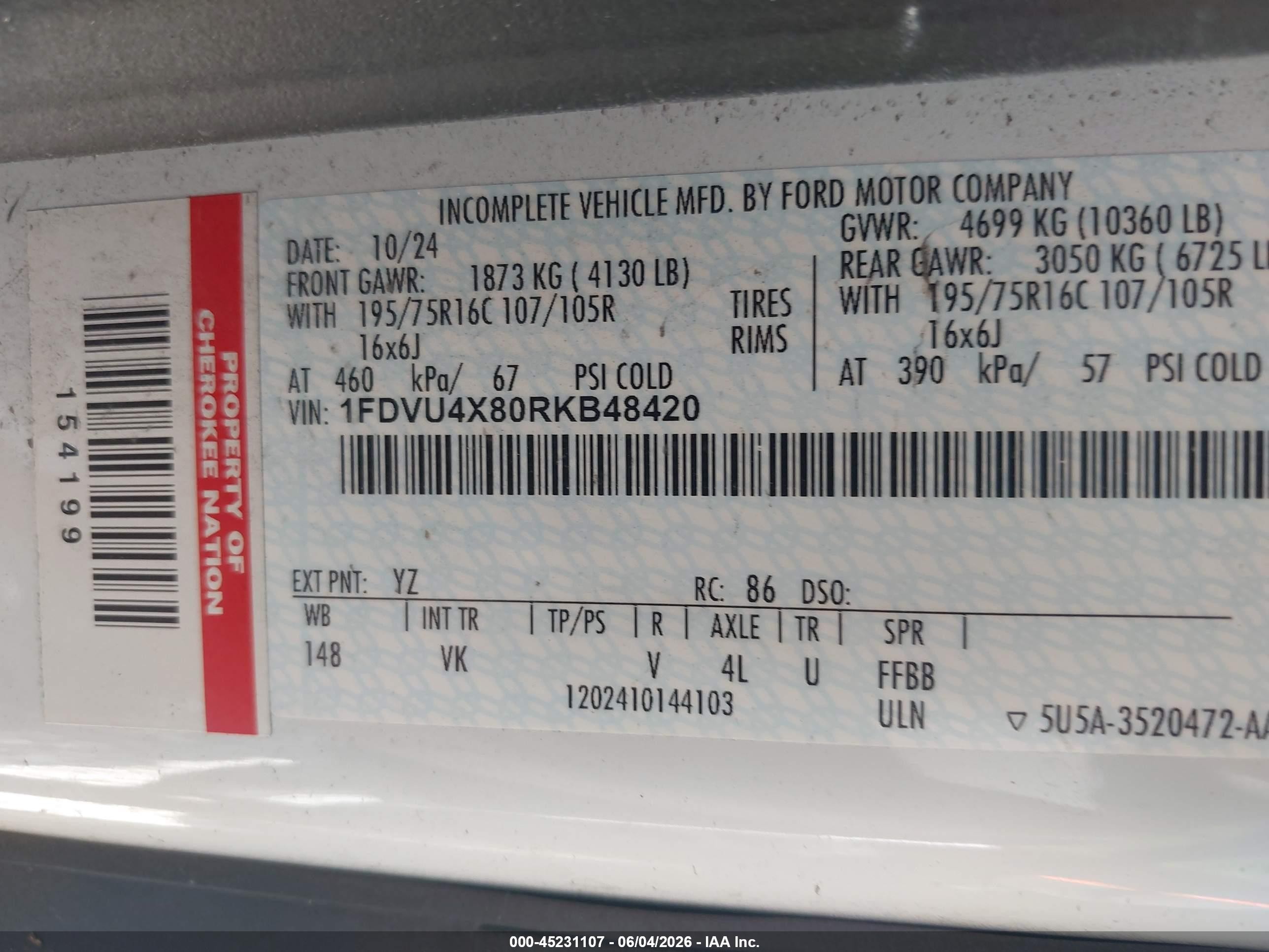2024 Ford Transit VIN 1FDVU4X80RKB48420 IAAI salvage auction — Rollover, Salvage (Oklahoma), sold $3,850 on 2026-09-24 (photo 9)