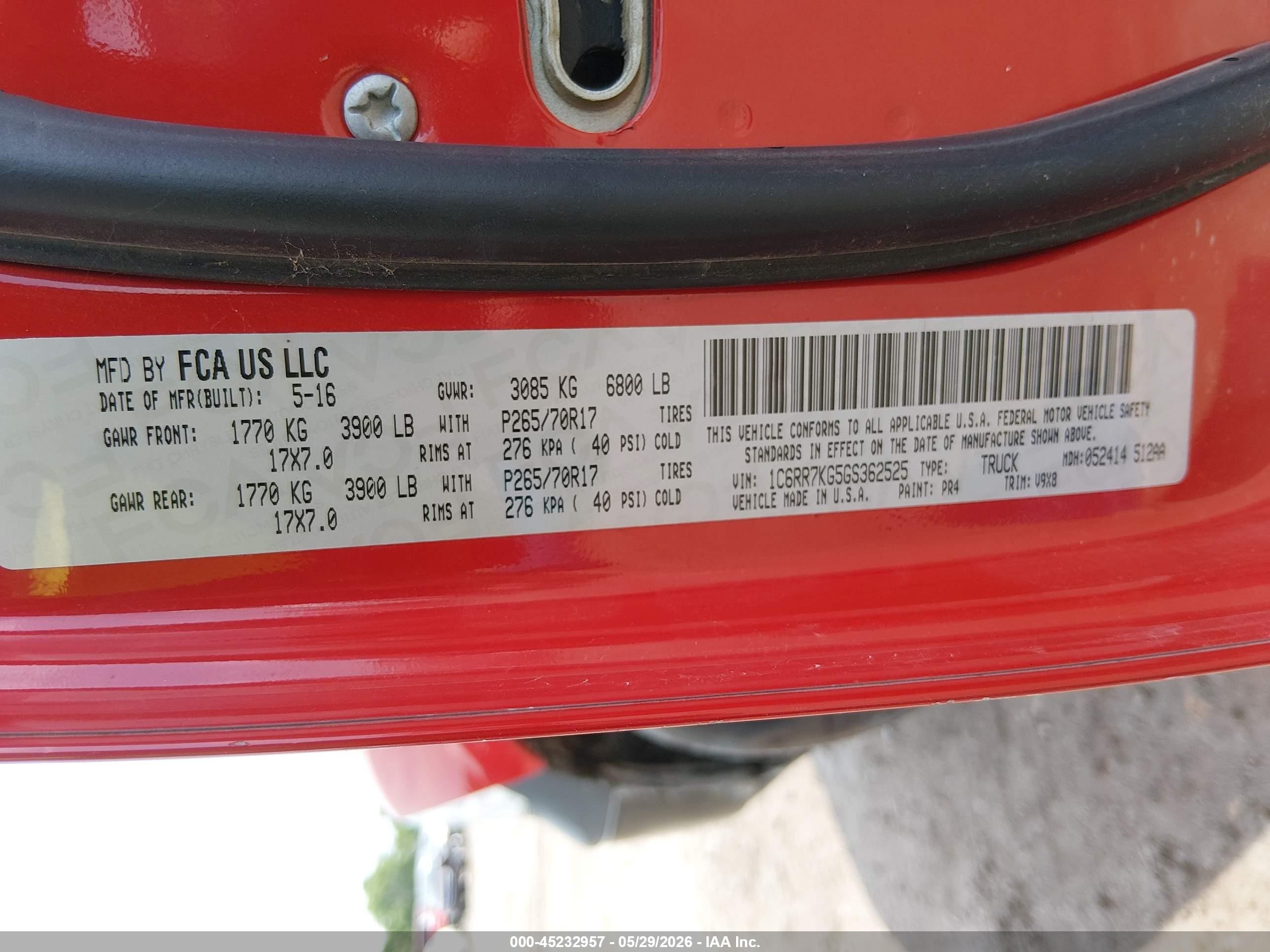 2016 Ram 1500 VIN 1C6RR7KG5GS362525 IAAI salvage auction — Rear End, SF97 (Oklahoma), sold $16,300 on 2026-07-09 (photo 9)