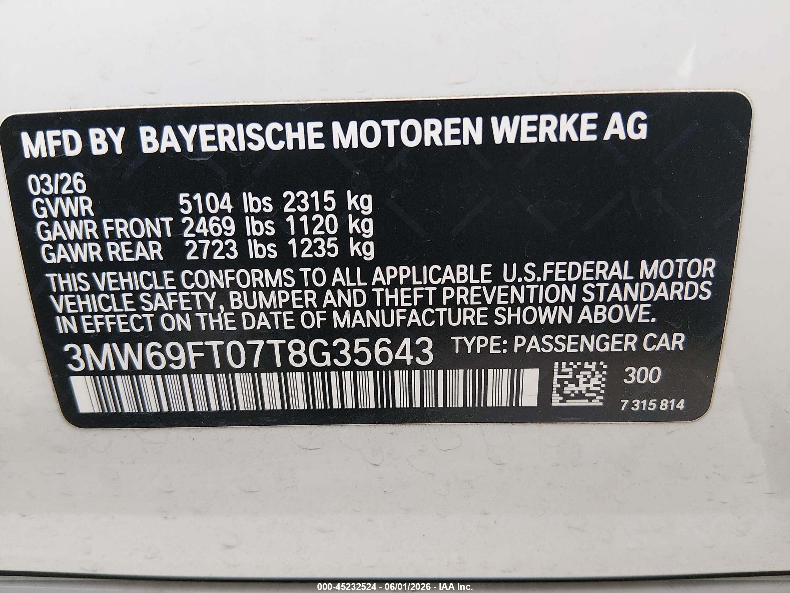 2026 BMW 3er VIN 3MW69FT07T8G35643 IAAI salvage auction — Front End, Salvage (Illinois), sold $27,350 on 2026-08-17 (photo 9)