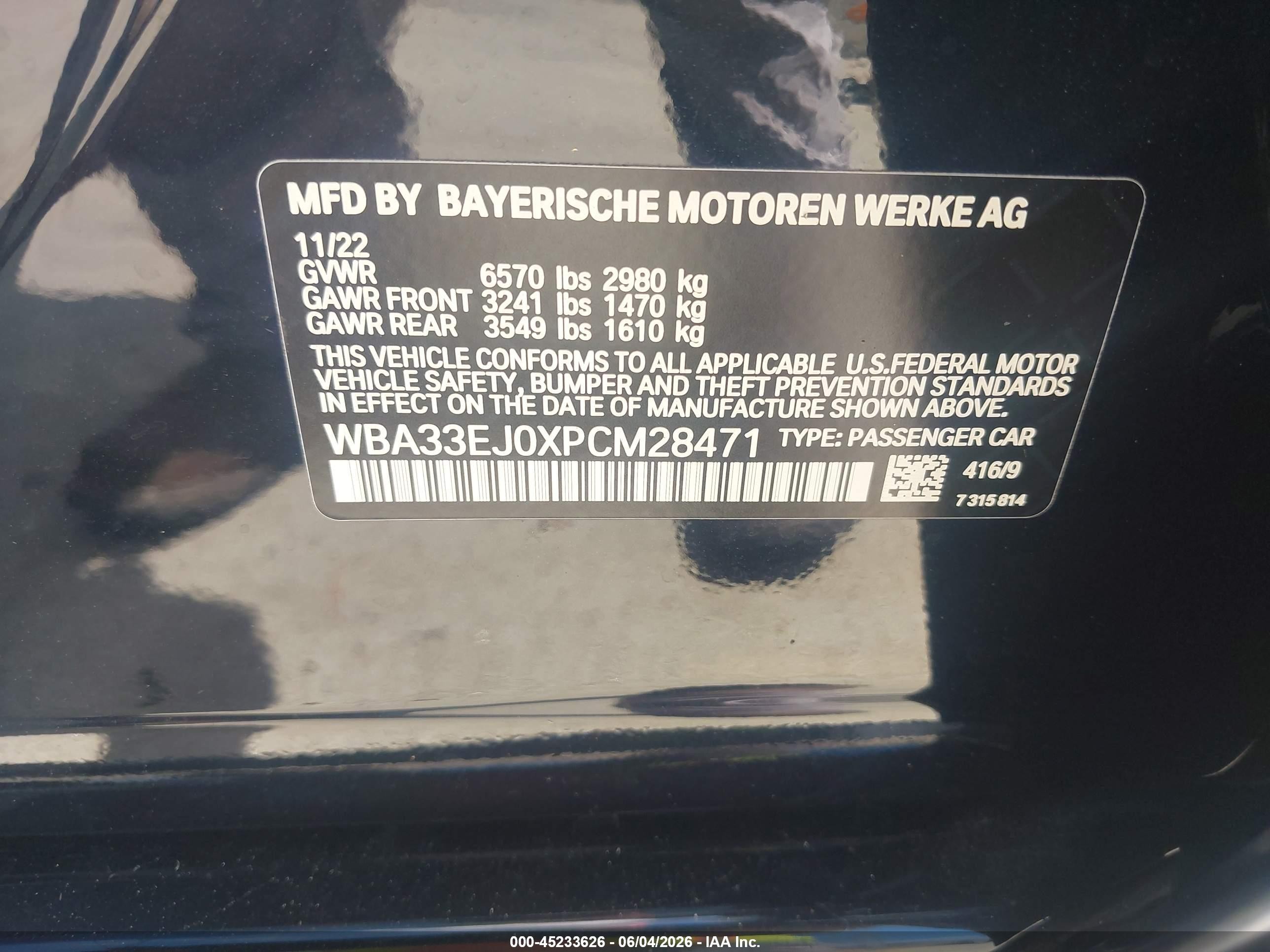 2023 BMW 7er VIN WBA33EJ0XPCM28471 IAAI salvage auction — Water/Flood, Salvage (Texas), sold $33,600 on 2026-08-04 (photo 9)