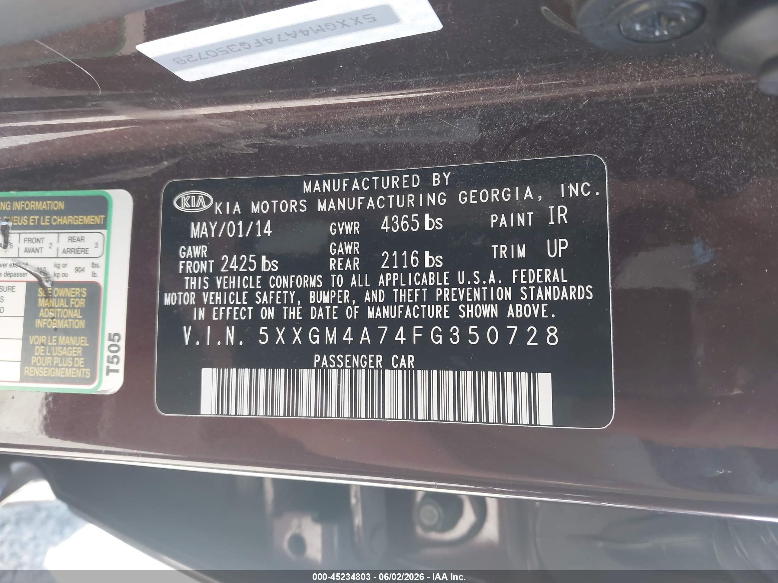 2015 Kia Optima VIN 5XXGM4A74FG350728 IAAI salvage auction — Rear End, Salvage (Oregon), sold $975 on 2026-07-09 (photo 9)