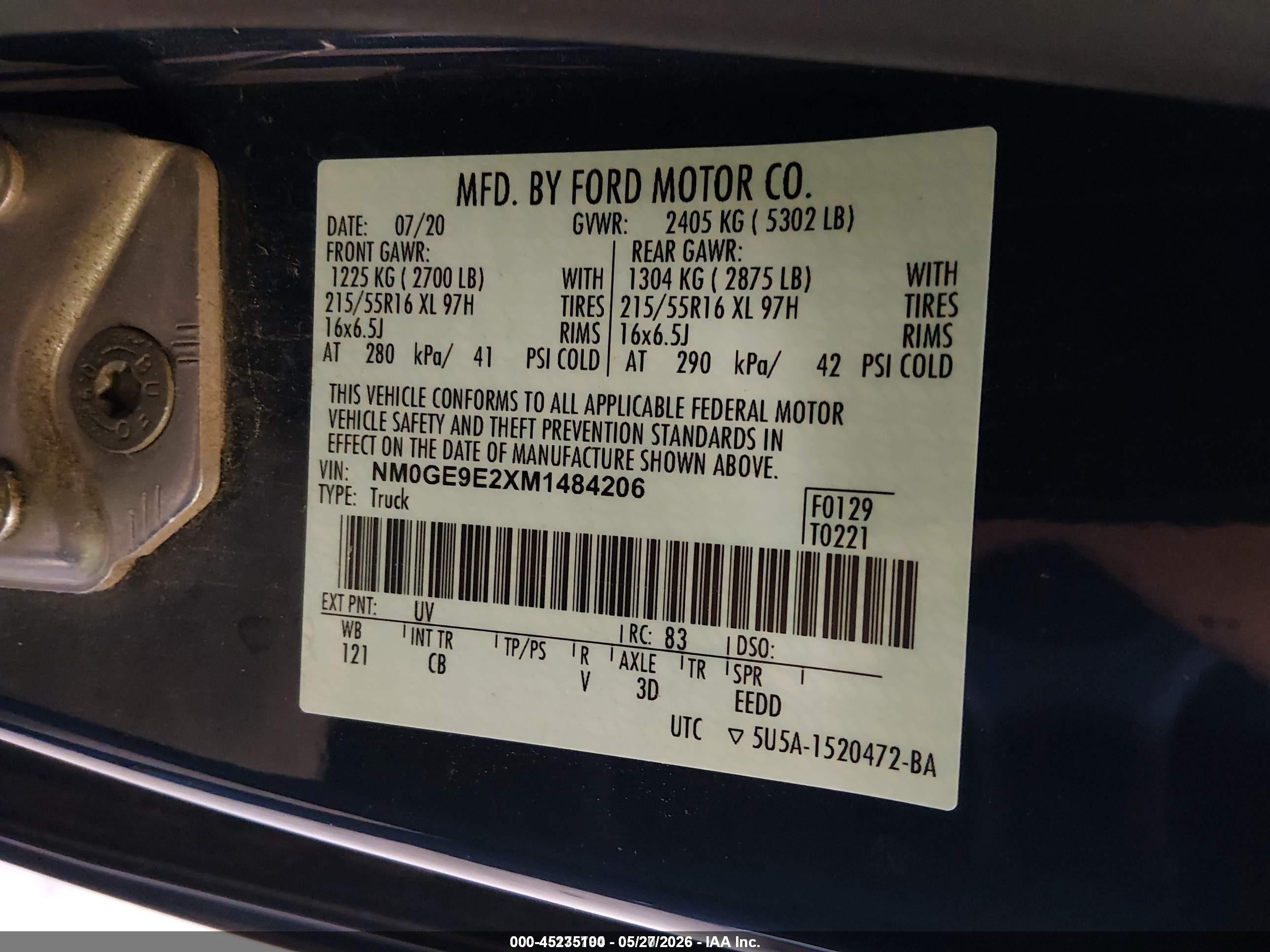2021 Ford Transit Connect VIN NM0GE9E2XM1484206 IAAI salvage auction — Side, SF97 (Arkansas), sold $10,475 on 2026-07-09 (photo 9)