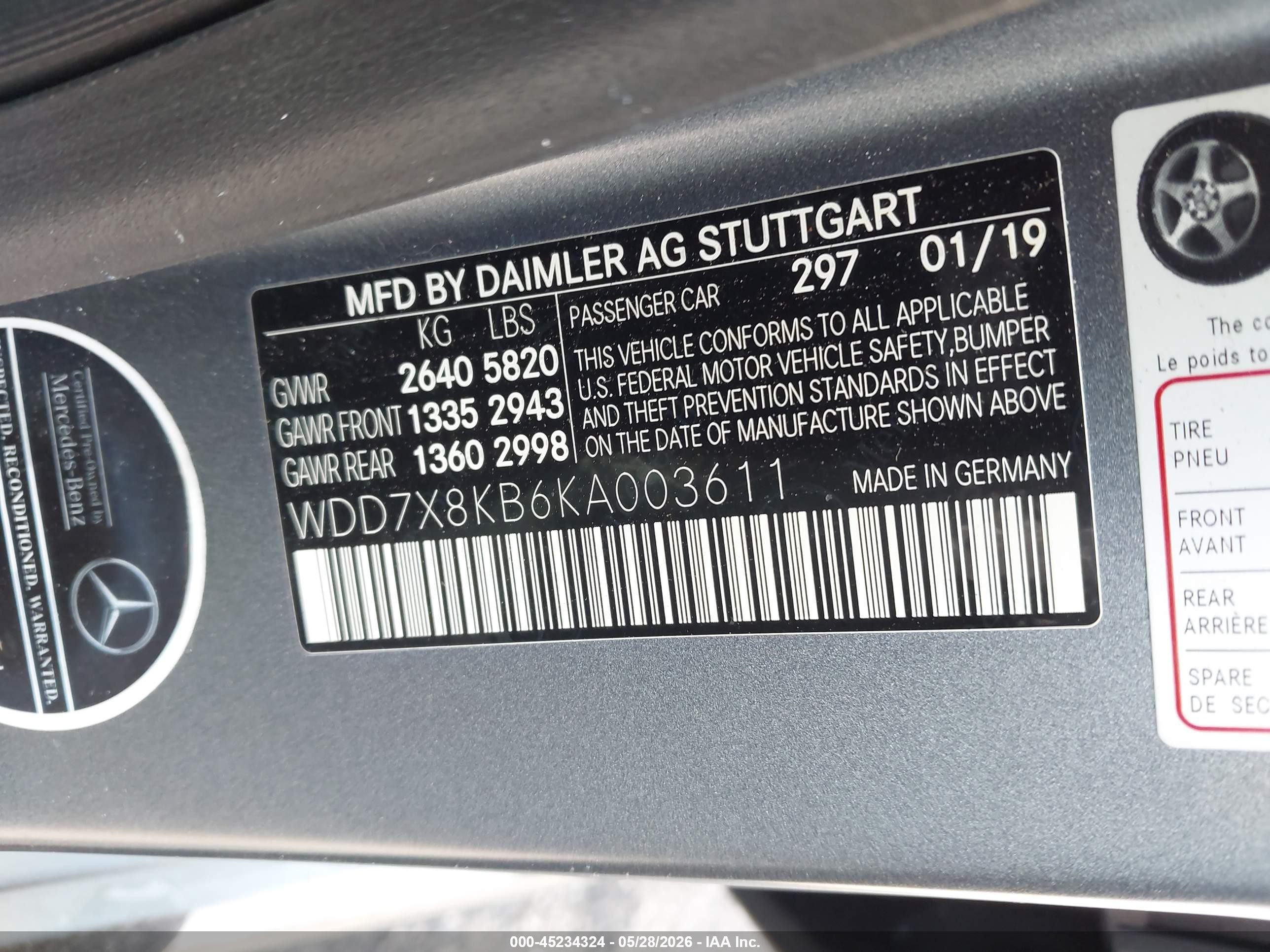 2019 Mercedes-Benz AMG-Class VIN WDD7X8KB6KA003611 IAAI salvage auction — Front End, Rebuildable (Florida), sold $19,100 on 2026-08-17 (photo 9)