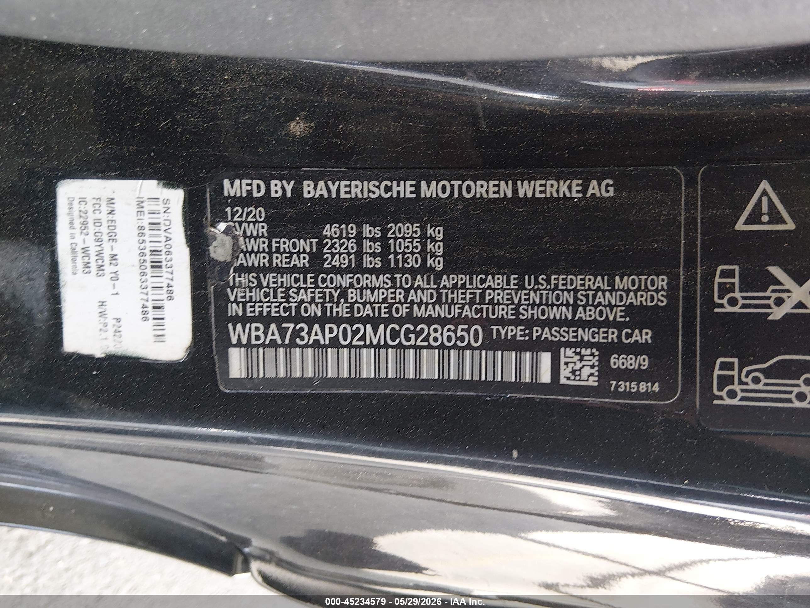 2021 BMW 4er VIN WBA73AP02MCG28650 IAAI salvage auction — Front End, Salvage (Connecticut), sold $8,000 on 2026-10-05 (photo 9)
