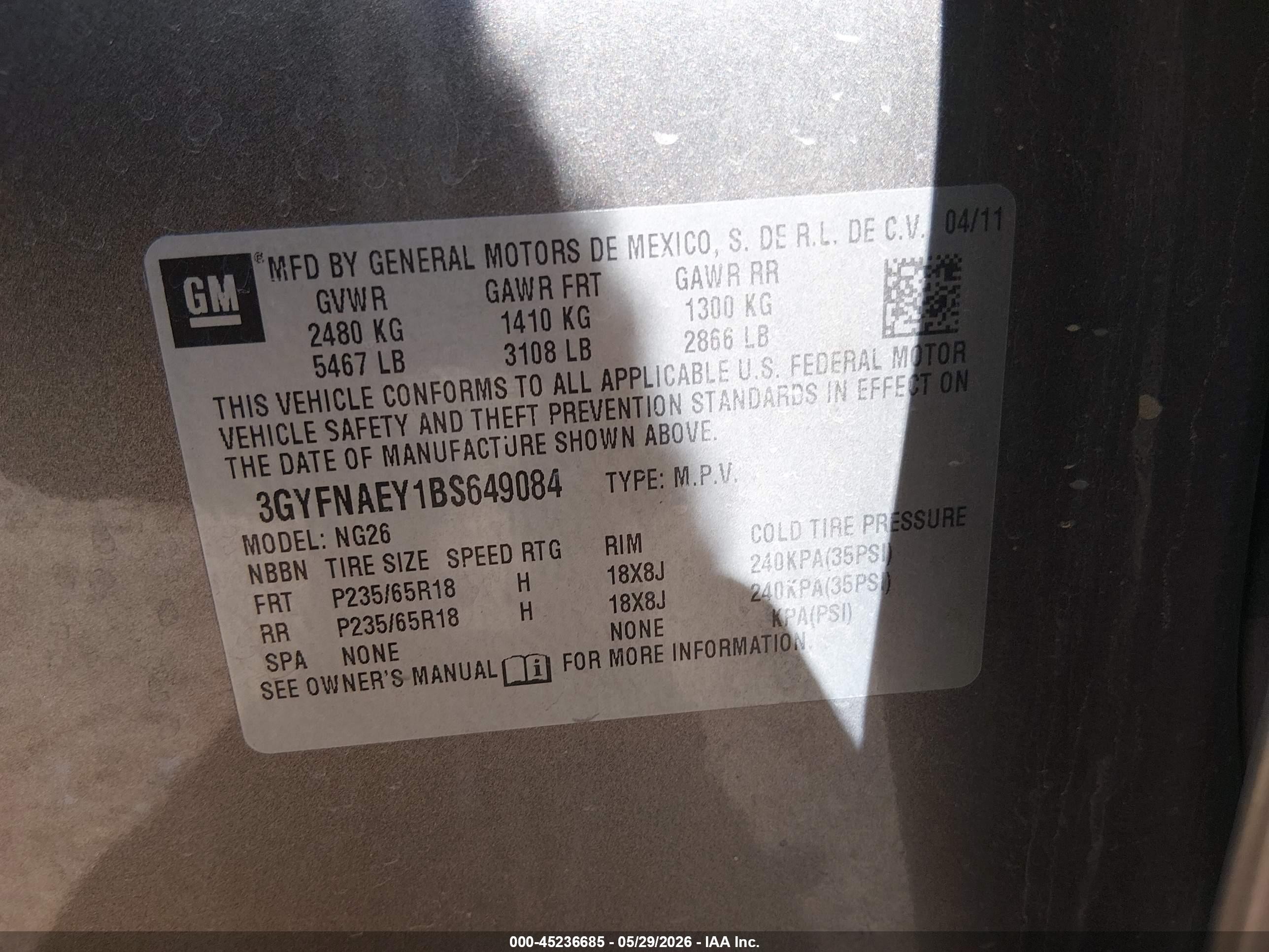 2011 Cadillac SRX VIN 3GYFNAEY1BS649084 IAAI salvage auction — Rear End, Salvage (Arizona), sold $1,625 on 2026-07-09 (photo 9)