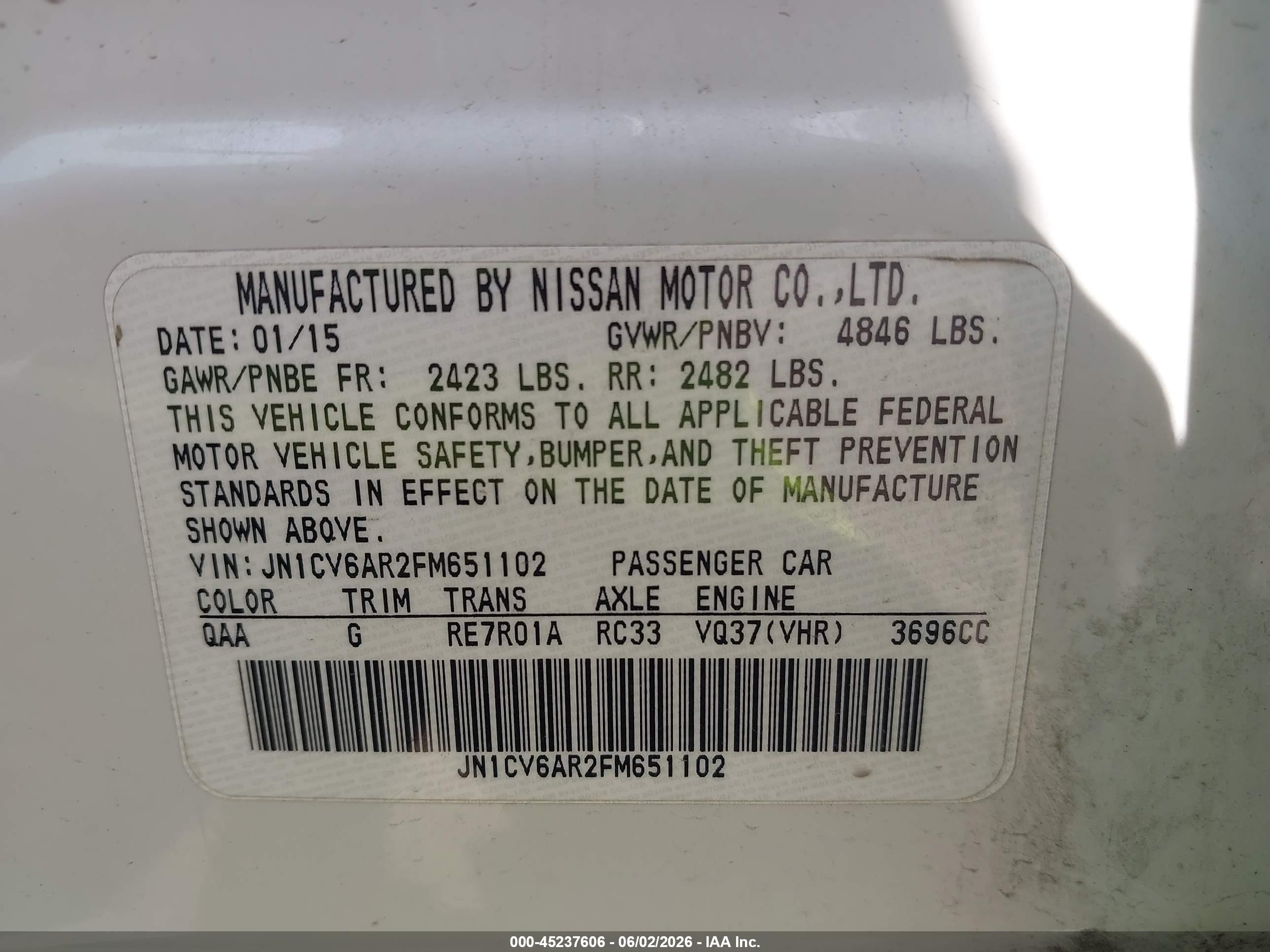 2015 Infiniti Q40 VIN JN1CV6AR2FM651102 IAAI salvage auction — Rear End, Original (Texas), sold $975 on 2026-10-09 (photo 9)