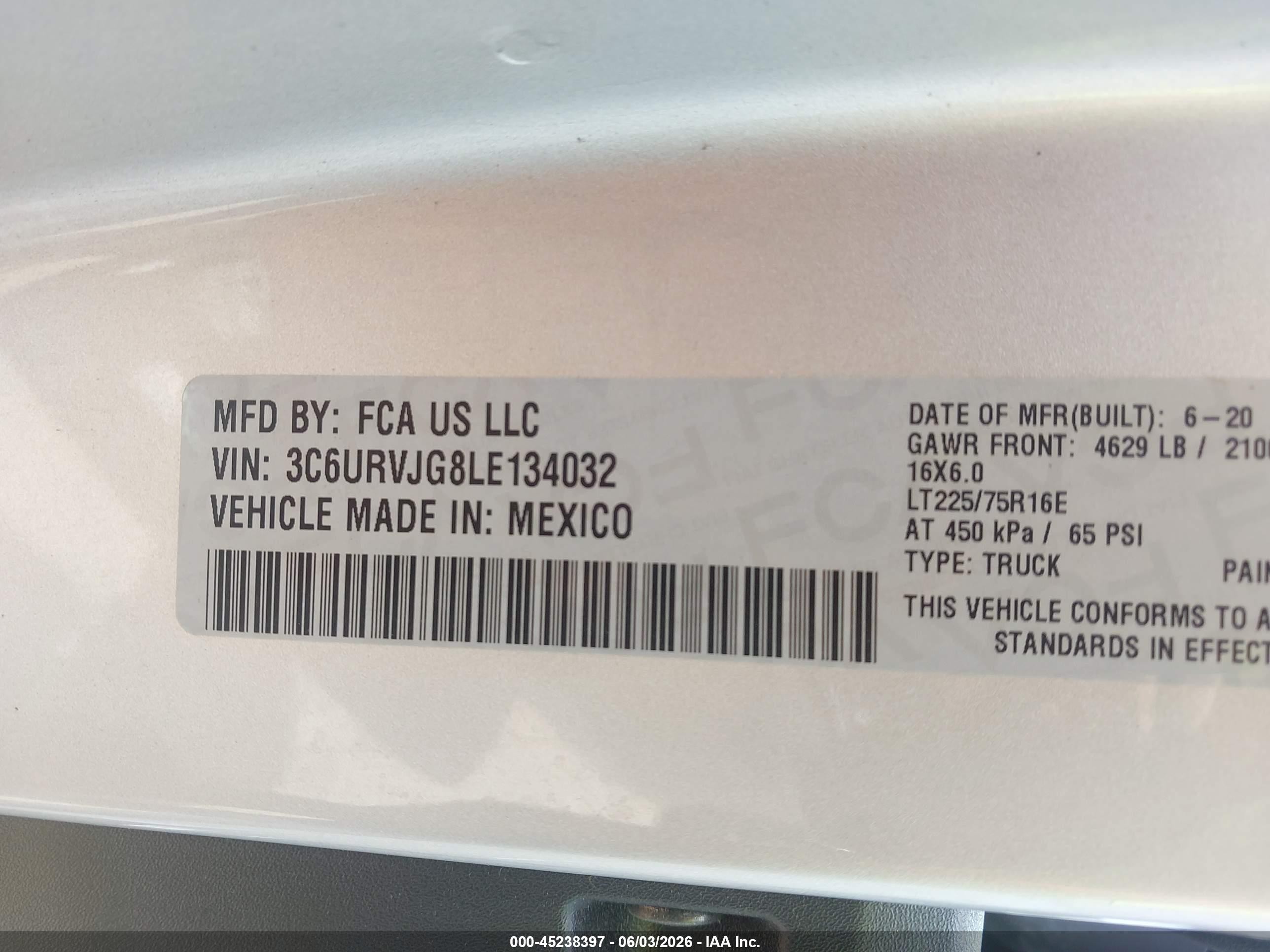 2020 Ram Promaster city VIN 3C6URVJG8LE134032 IAAI salvage auction — Front End, Salvage (Kansas), sold $28,500 on 2026-08-19 (photo 9)