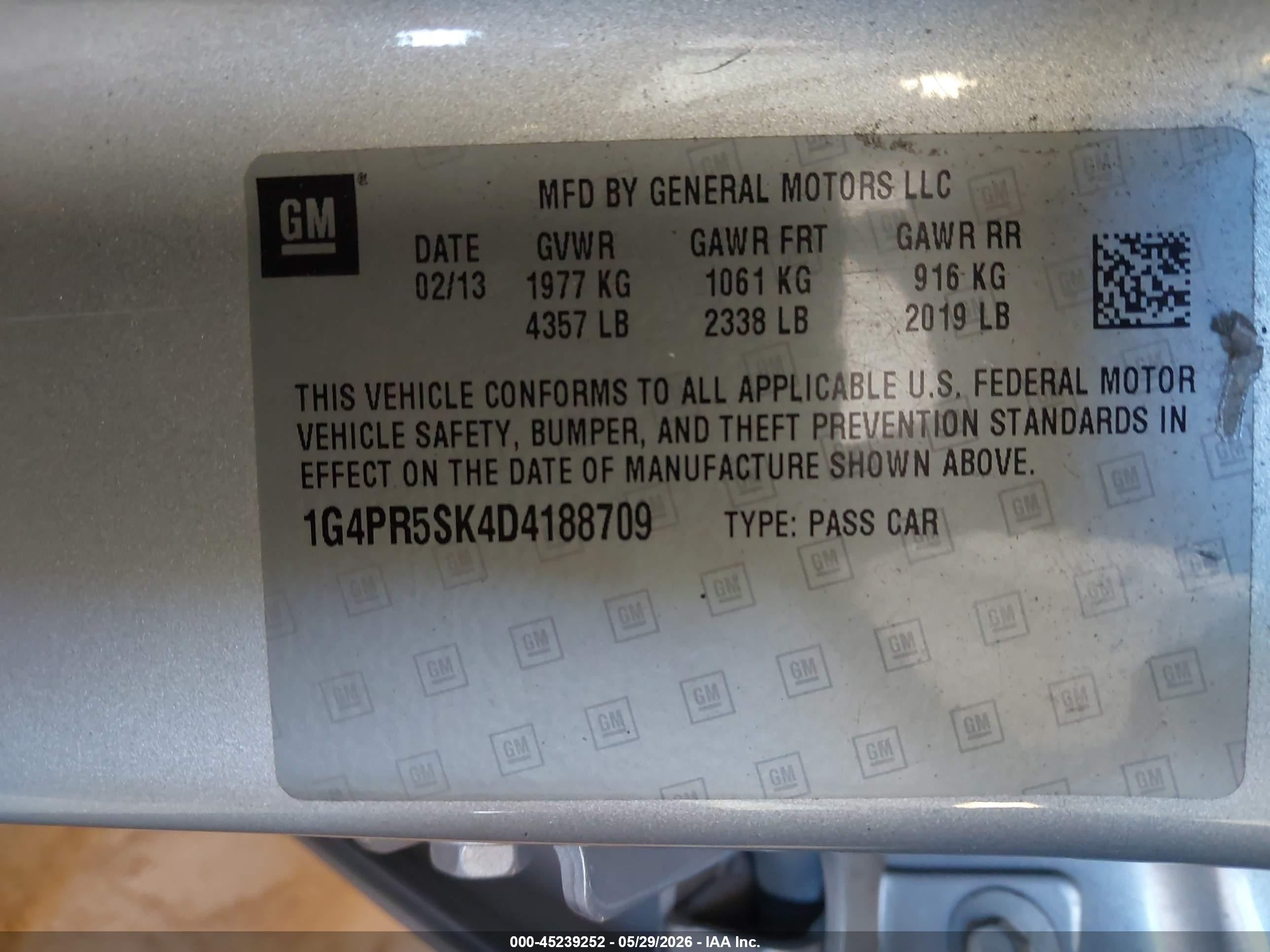 2013 Buick Verano VIN 1G4PR5SK4D4188709 IAAI salvage auction — Front End, Clear (Michigan), sold $775 on 2026-09-27 (photo 9)