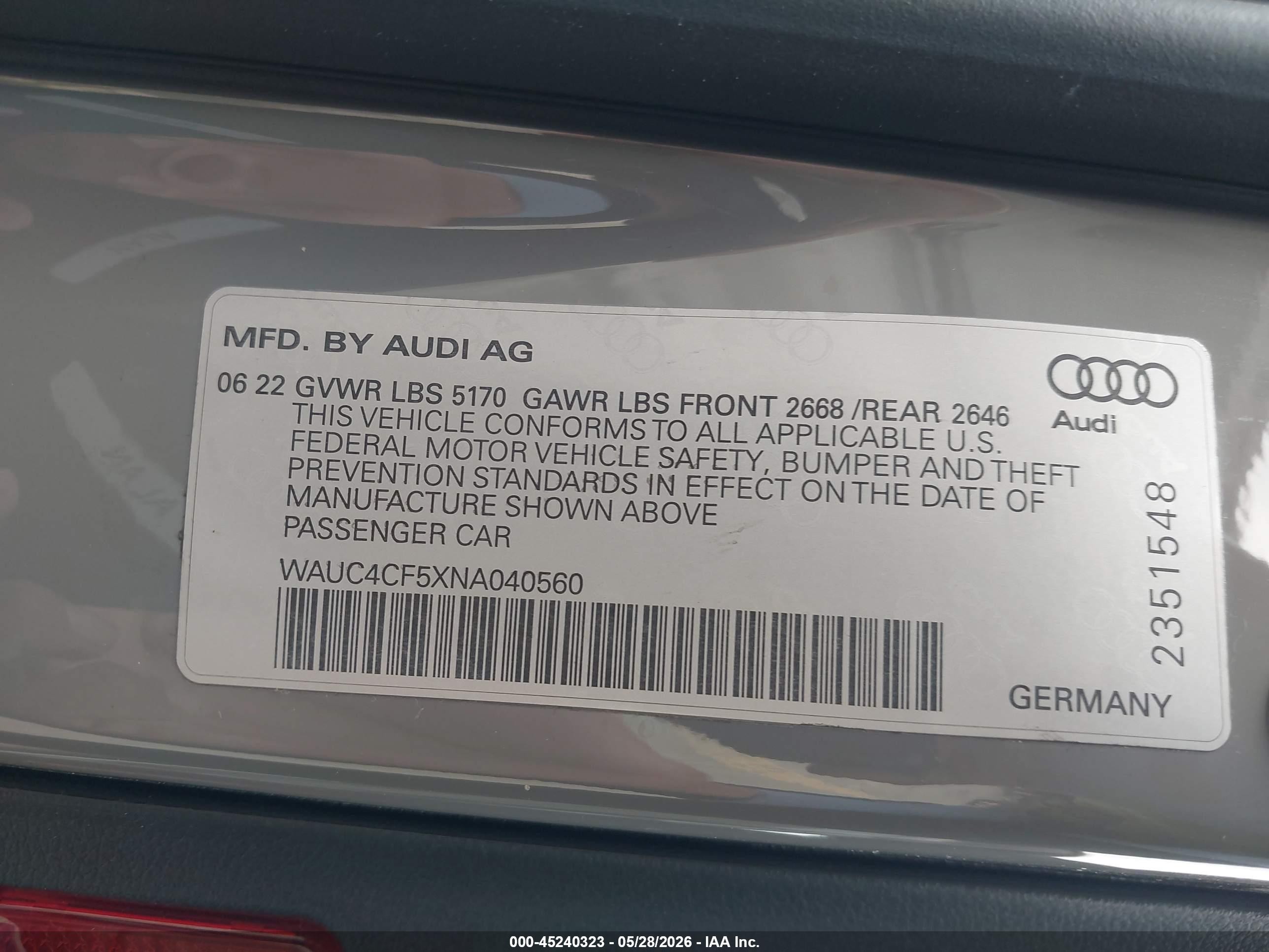 2022 Audi S5 VIN WAUC4CF5XNA040560 IAAI salvage auction — Rear End, Salvage (California), sold $17,600 on 2026-08-15 (photo 9)