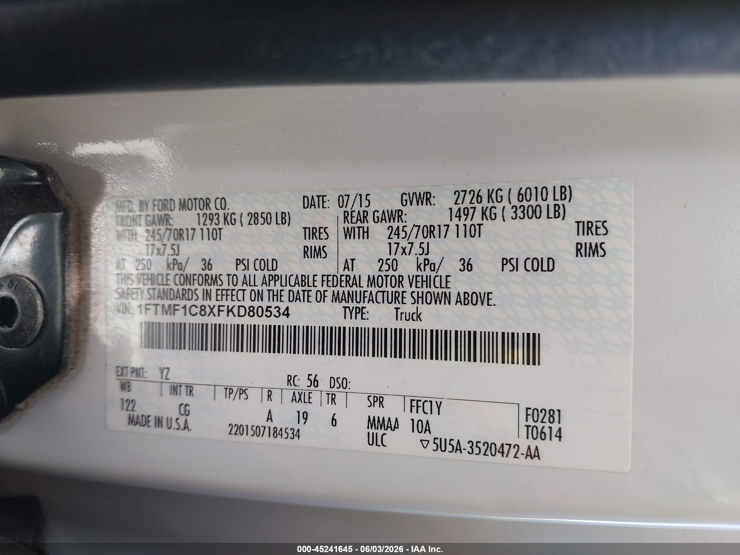 2015 Ford F-150 VIN 1FTMF1C8XFKD80534 IAAI salvage auction — Front End, Salvage (Utah), sold $2,850 on 2026-07-09 (photo 9)
