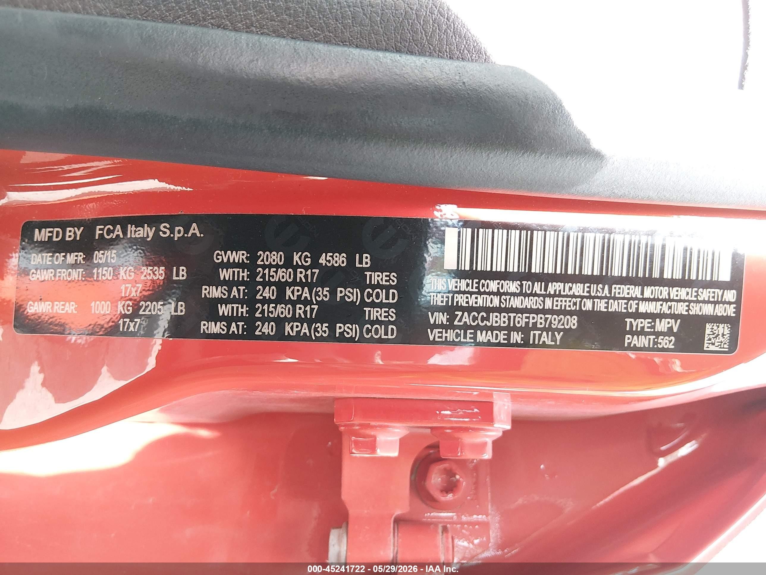 2015 Jeep Renegade VIN ZACCJBBT6FPB79208 IAAI salvage auction — Front End, Salvage (Utah), sold $2,000 on 2026-07-08 (photo 9)