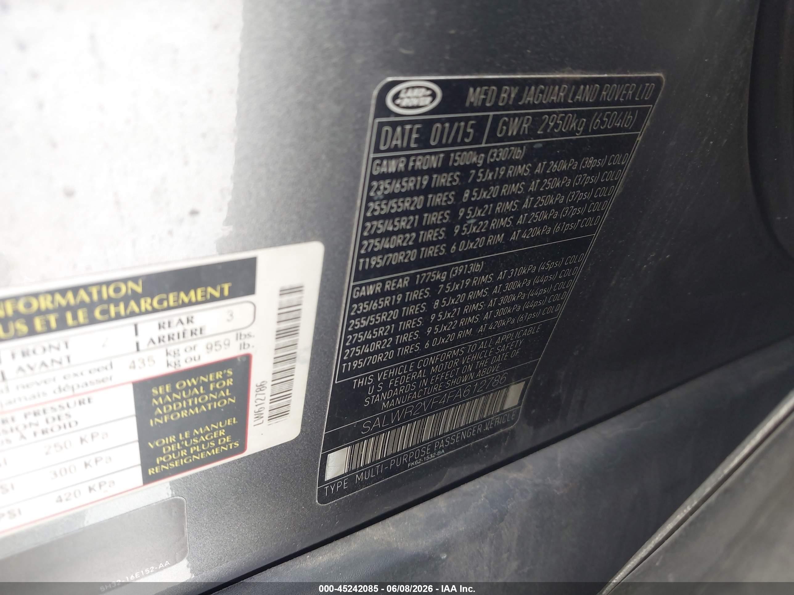 2015 Land Rover Range Rover Sport VIN SALWR2VF4FA612786 IAAI salvage auction — Top/Roof, Salvage (California), sold $3,850 on 2026-07-02 (photo 9)