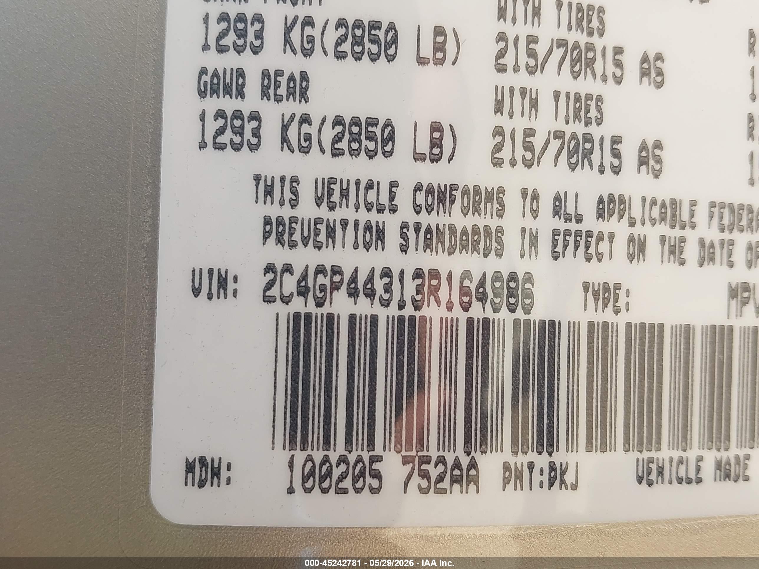 2003 Chrysler Town & Country VIN 2C4GP44313R164986 IAAI salvage auction — Biohazard/Chemical, Clear (Arizona), sold $300 on 2026-07-09 (photo 9)
