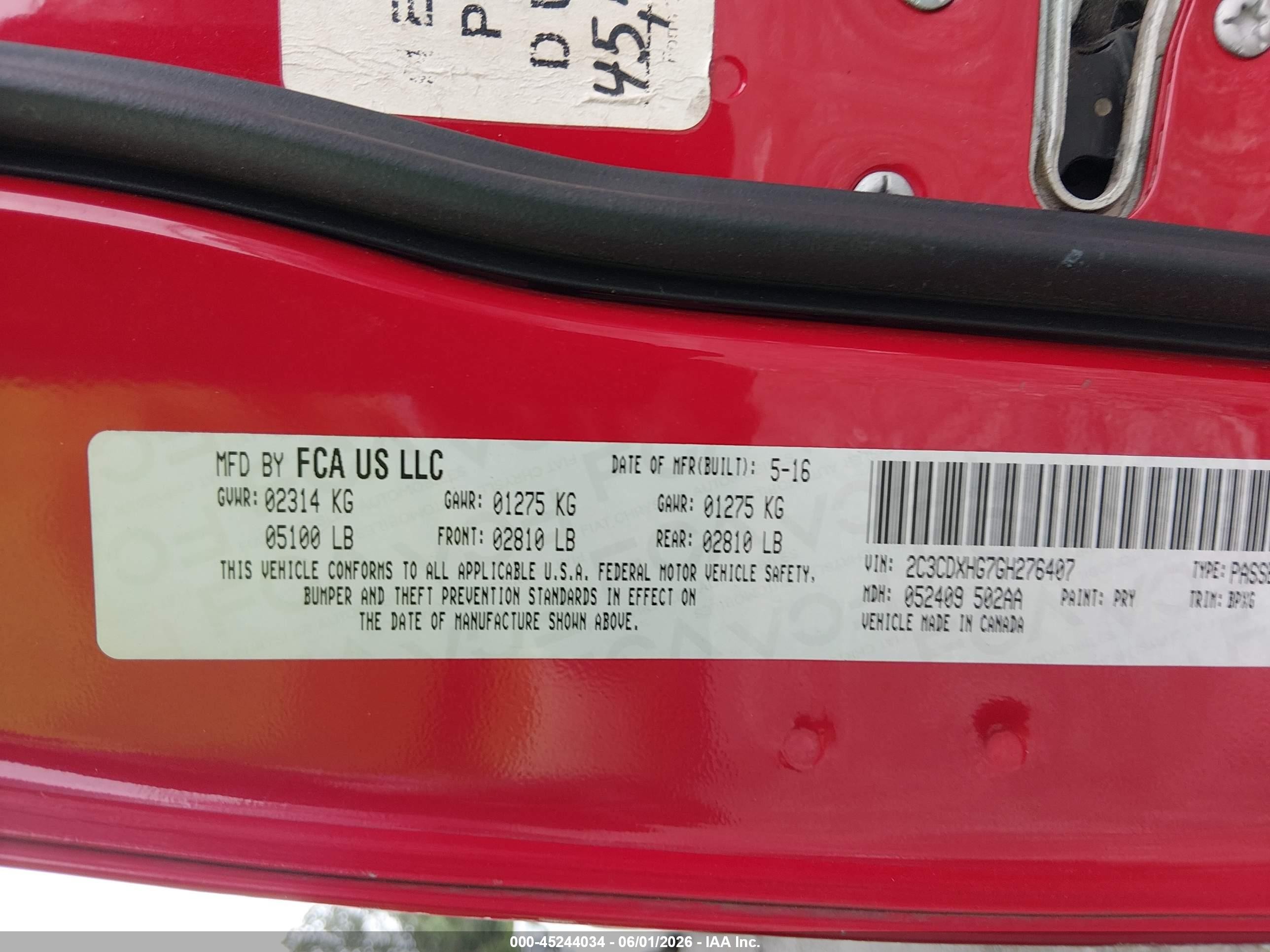 2016 Dodge Charger VIN 2C3CDXHG7GH276407 IAAI salvage auction — Front End, Salvage (Georgia), sold $1,700 on 2026-07-01 (photo 9)